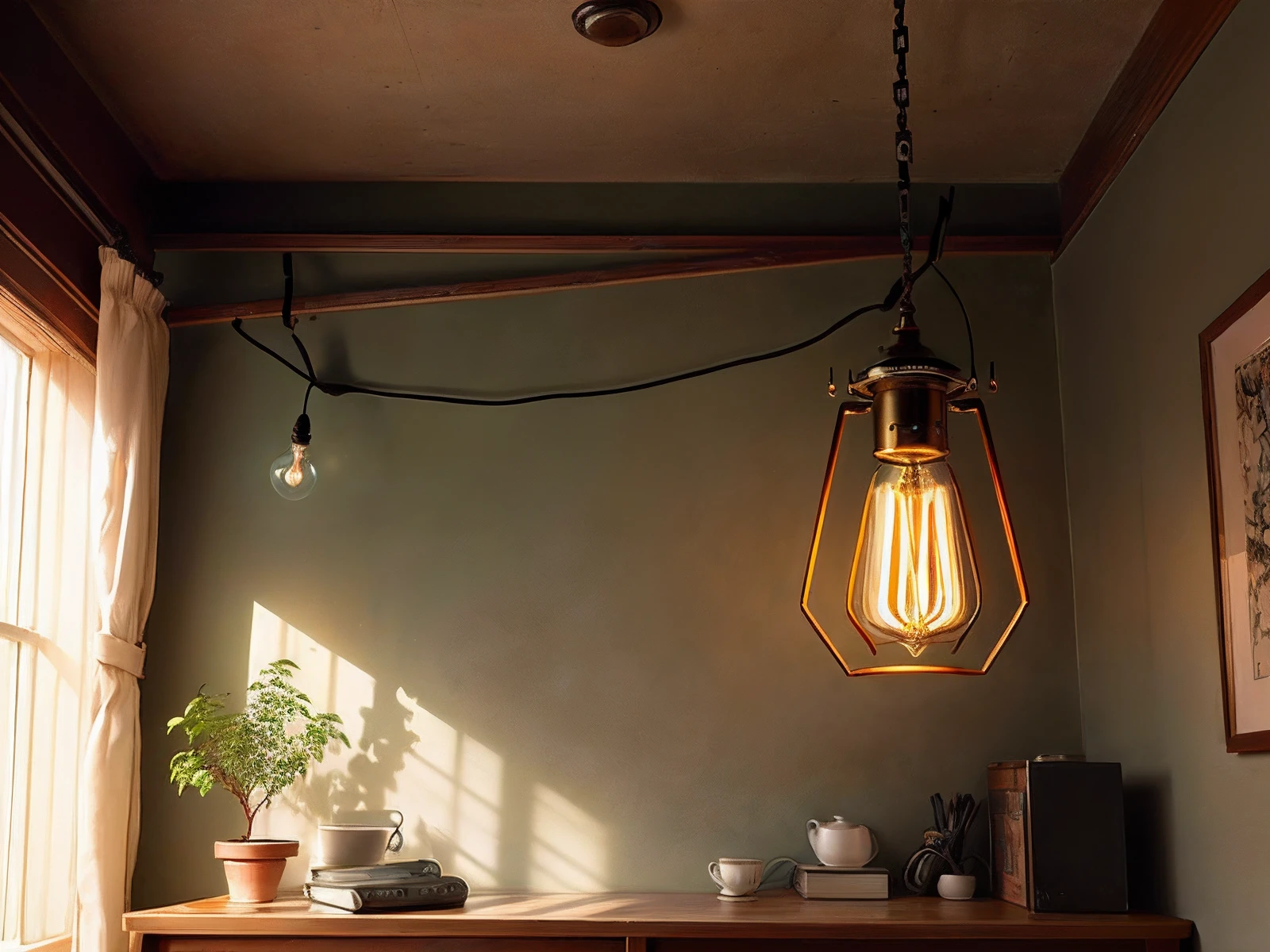 An old tungsten lamp is suspended by black wires in the center of the room
Flashing dim light。