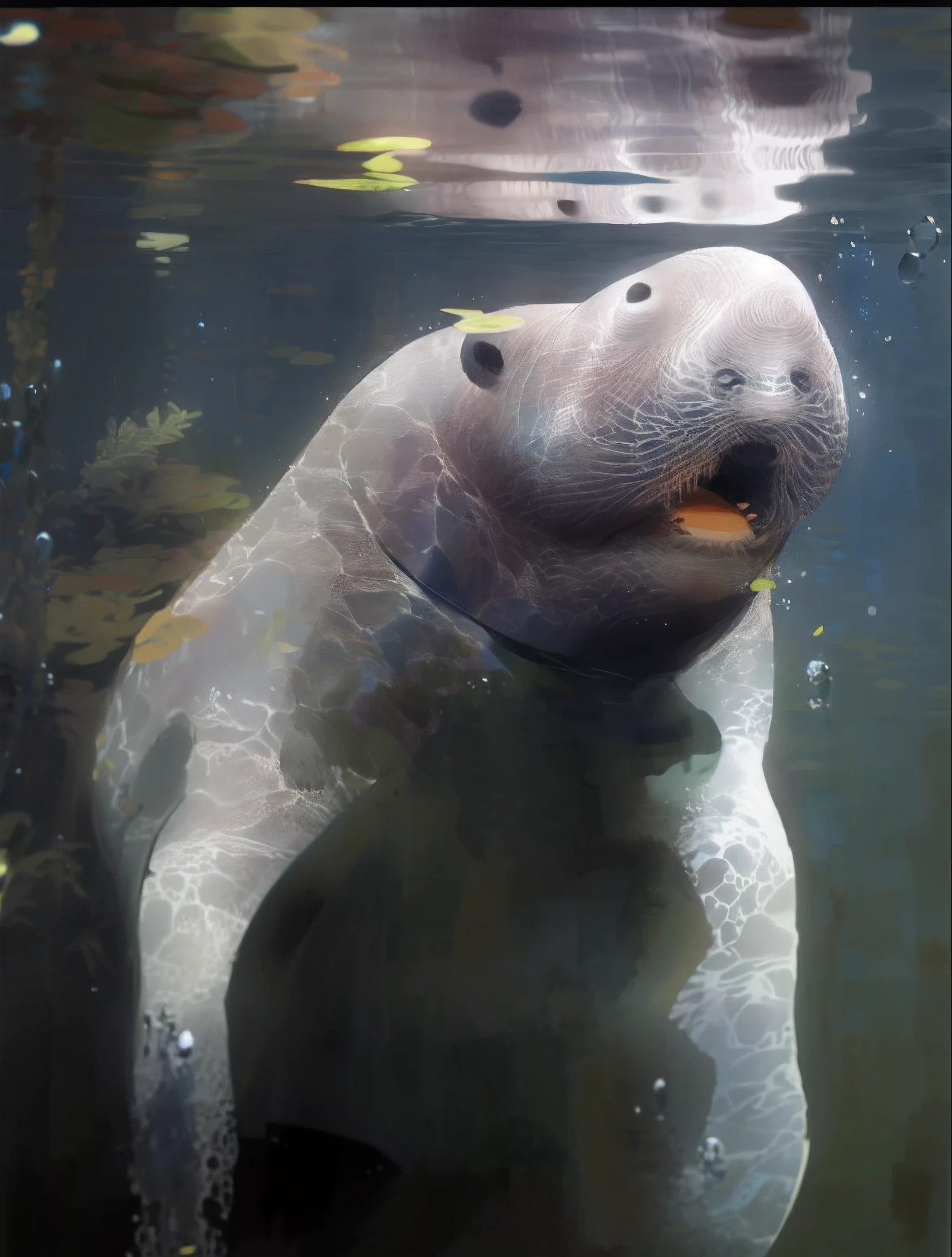 Arakfi swims in the water shaped like a manatee