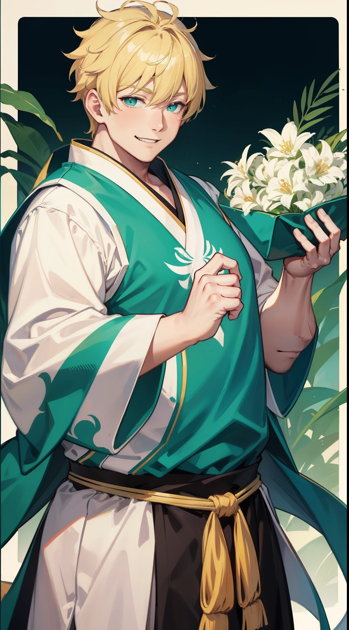 Adult fat guy, short blonde hair, Cyan eyes, green sleeveless hanfu, Drunken Master, smile, Masterpiece, hiquality