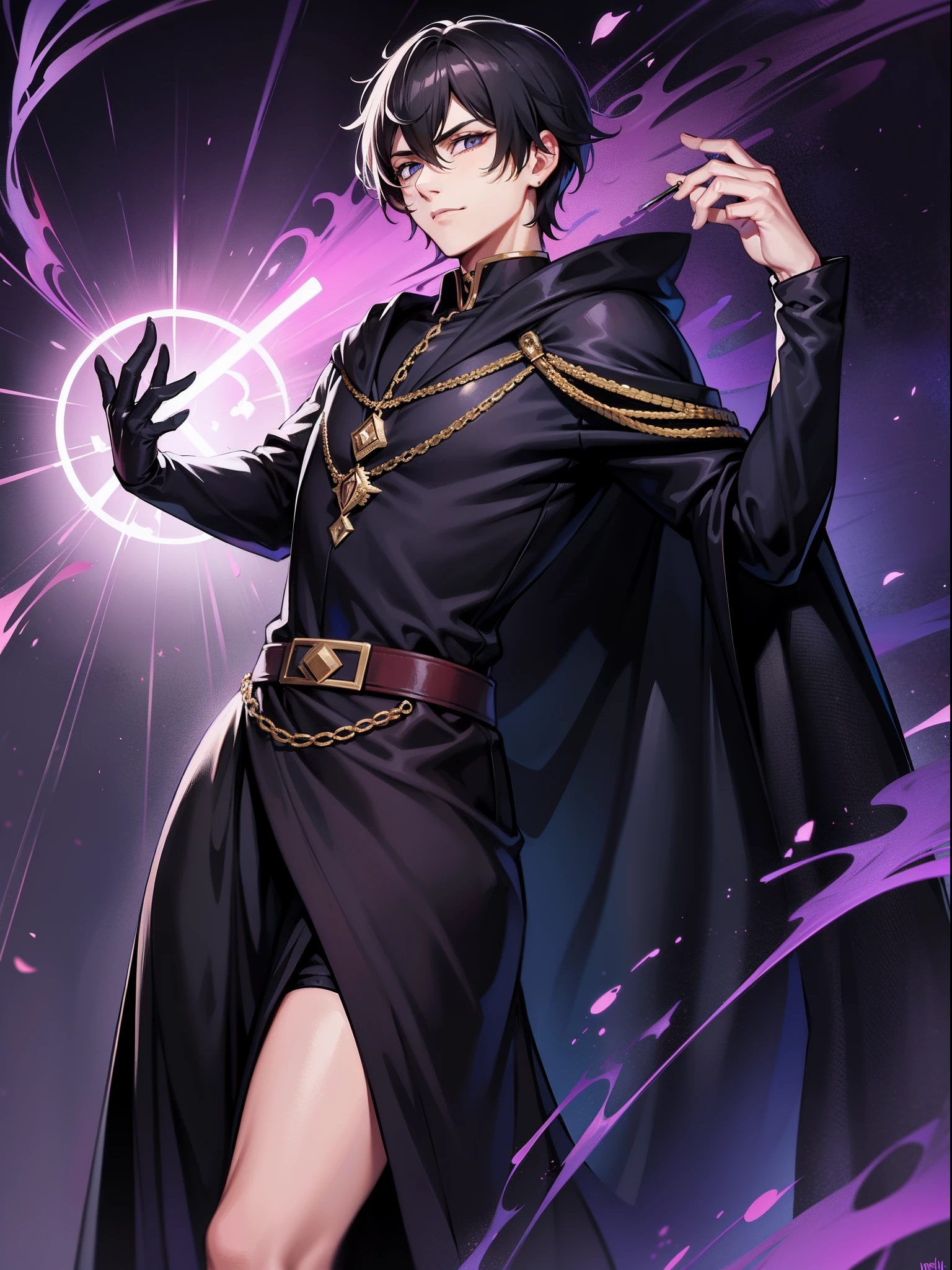 Psychic，Handsome boy，He wears the cloak of a black magician，But the outfit is very fashionable and handsome，A flute is blowing in his hand