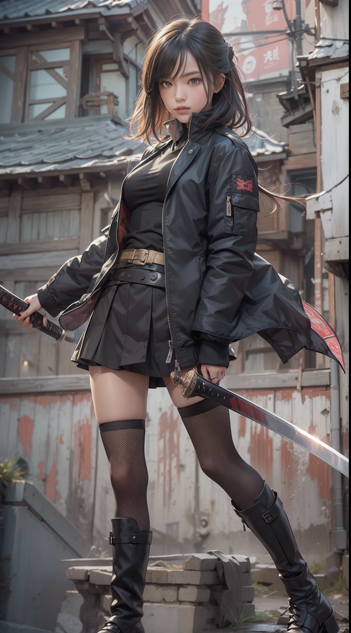 Brave and Elegant, One Girl, Short Skirt and jacket, long boot, Katana on back, in Old destoryed city background, prespective, character in center, perfect composition, extreme detailed, realistic