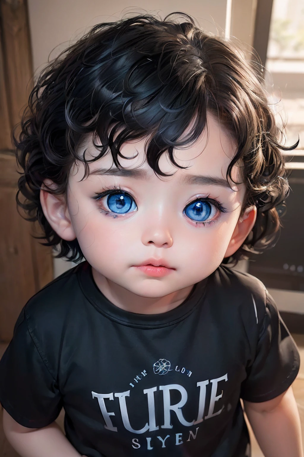 there is a  with blue eyes and a black shirt, adorable digital painting, realistic portrait, cute detailed digital art, \realistic 3 d style, detailed big eyes, cute digital art, hyper realistic, big detailed eyes, childrens art in artstation