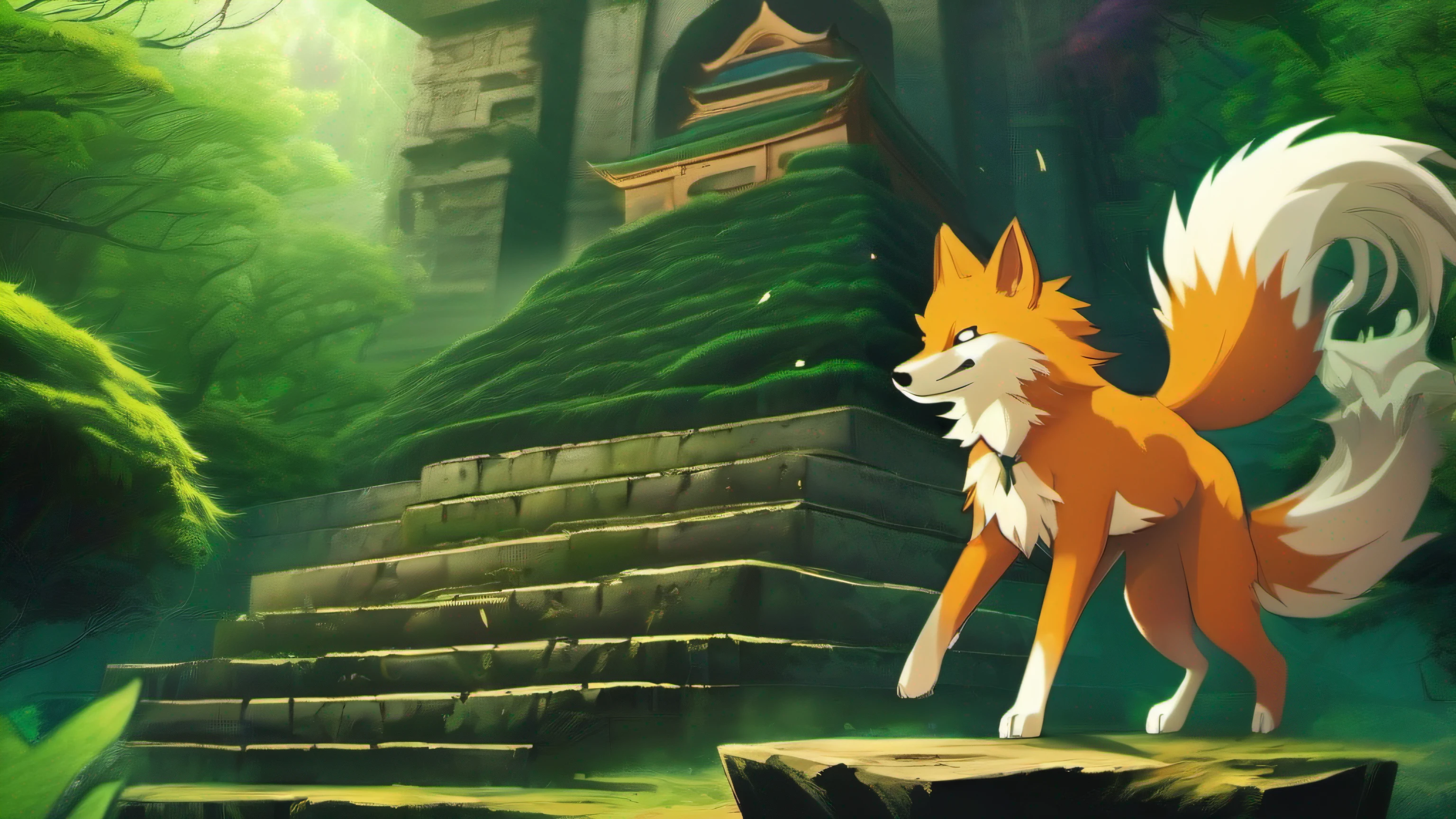 "Naruto Uzumaki training with Kurama, the Nine-Tailed Fox, amidst enchanting ancient ruins nestled in a vibrant and verdant emerald forest."
