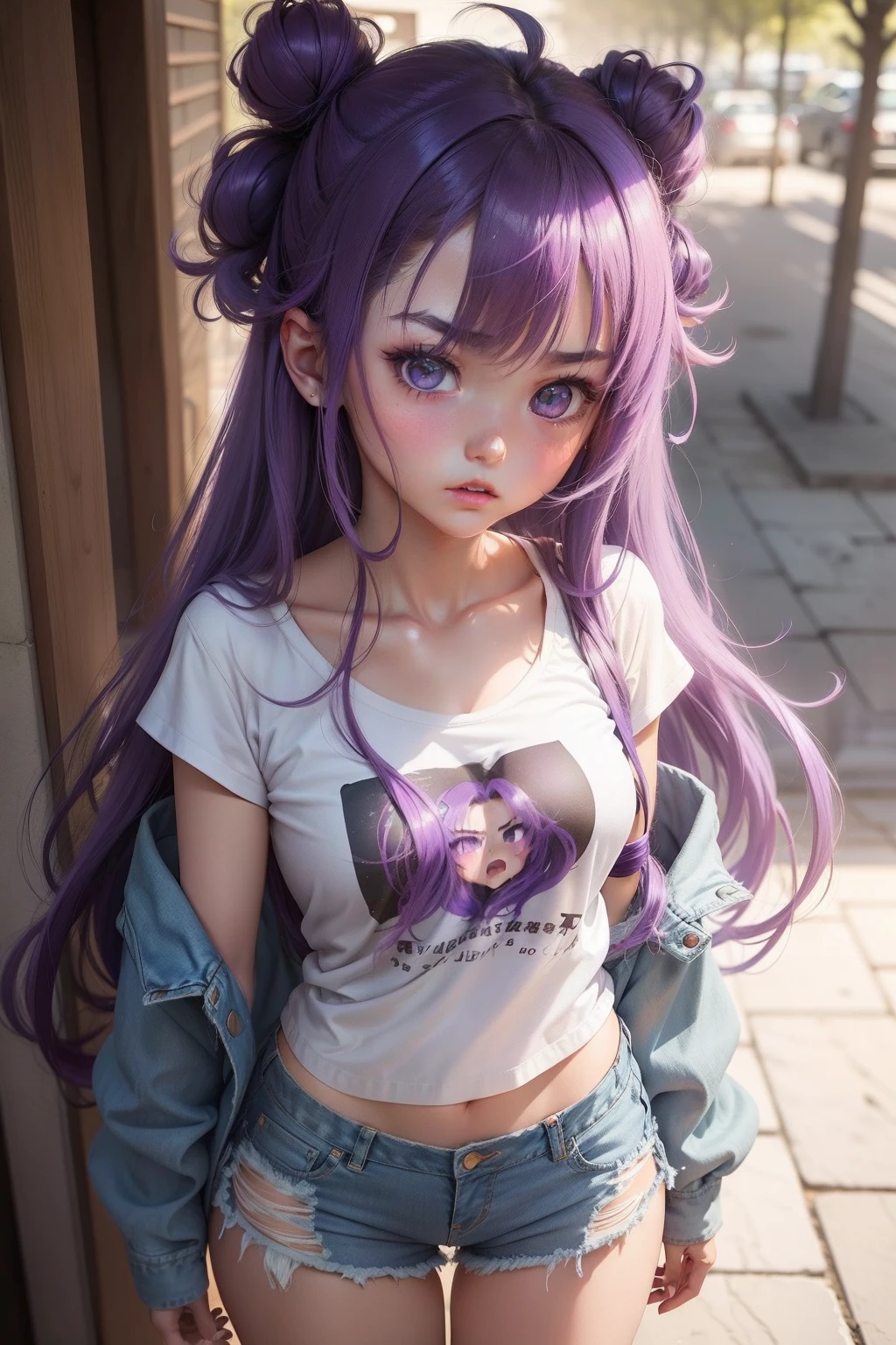 1girl,masterpiece,best quality,long hair, purple hair, ahoge, oversized t-shirt, denim shorts, denim jacket, looking at viewer, facing viewer , angry, blush, from above, close view,pov,:o