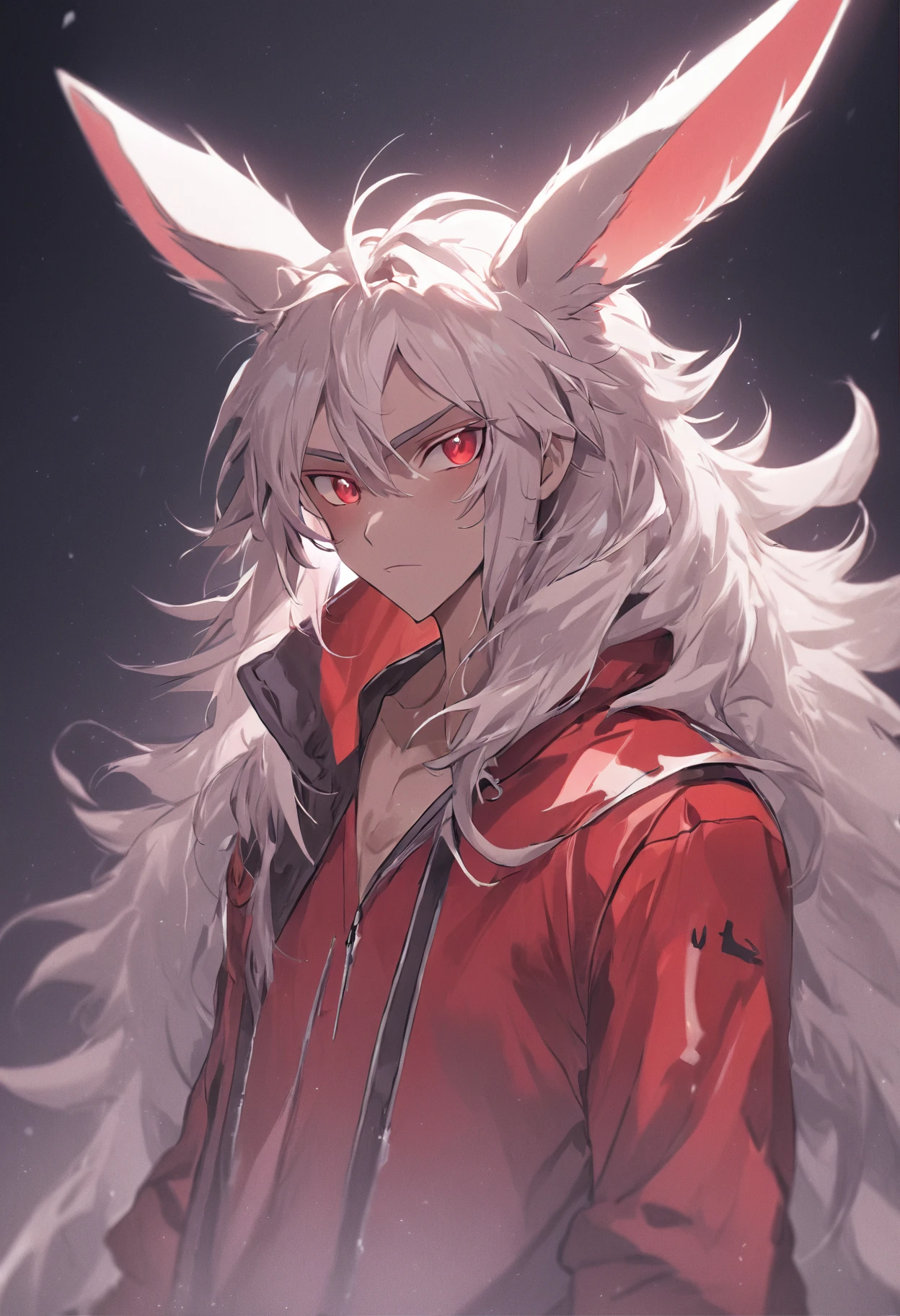 4K, high resolution, Best quality, Masterpiece, perfect colors, perfectly shaded, Perfect lighting, posted on e621, (by Chunie), Furry, anthro, Furry art, Male rabbits, Rabbit ears,Two-tone leather,Silvery hair,hairy bodies, Red eyes, Perfect male bodyPerfect male figure, Wear men's shorts,Abs,musculature,Detailed fur, Detailed face, Perfect face, (The stands up), Detailed background, ((Bonifasko lighting)), coda, (Detailed eyes), perfect pupils