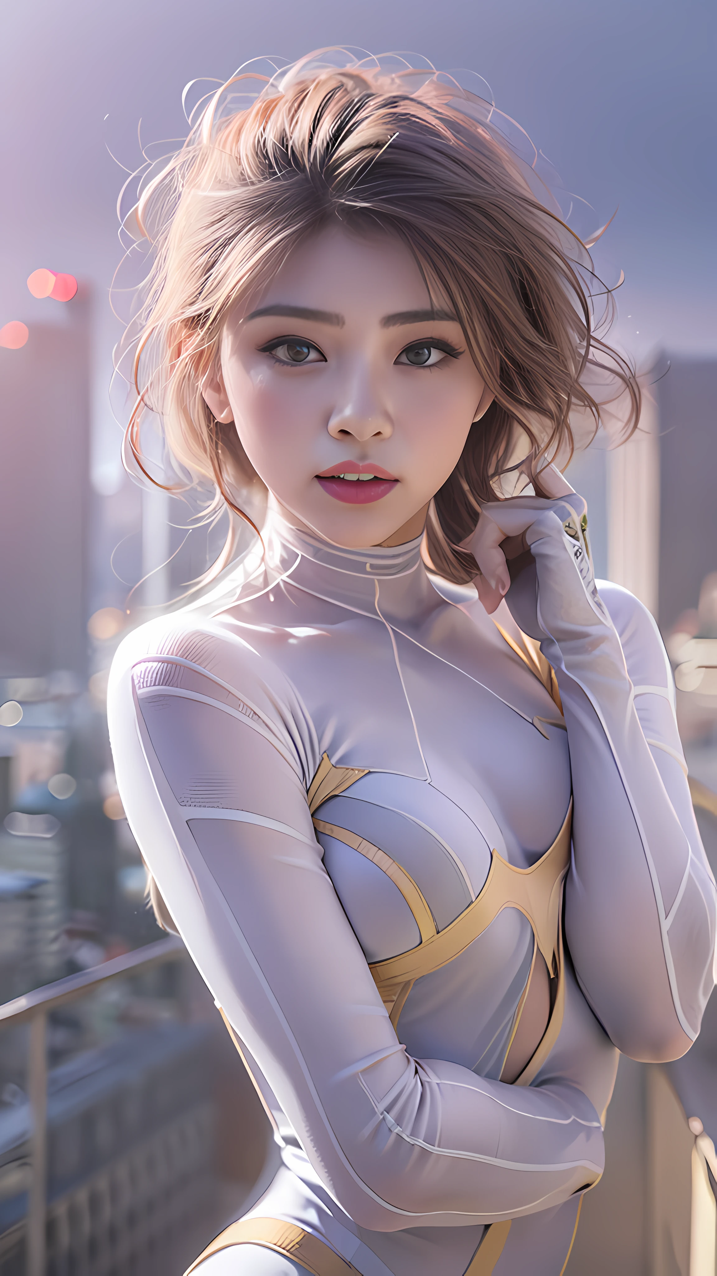 (1girl:1.3), Solo, (((Very detailed face)))), ((Very detailed eyes and face)))), Half body potrait, Beautiful detail eyes, Body parts__, Official art, Unified 8k wallpaper, Super detailed, beautiful and elegant, beautiful, masterpiece, best quality, original, masterpiece, super fine photo, best quality, super high resolution, realistic realism, sunlight, full body portrait, amazing beauty, dynamic pose, delicate face, vibrant eyes, (from the front), She wears White Spider-Man suit, white and pink color scheme, spider, very detailed city roof background, rooftop, overlooking the city, detailed face, detailed complex busy background, messy, gorgeous, milky white, highly detailed skin, realistic skin details, visible pores, clear focus, volumetric fog, 8k uhd, DSLR, high quality, film grain, fair skin, photo realism, lomography, futuristic dystopian megalopolis, translucent