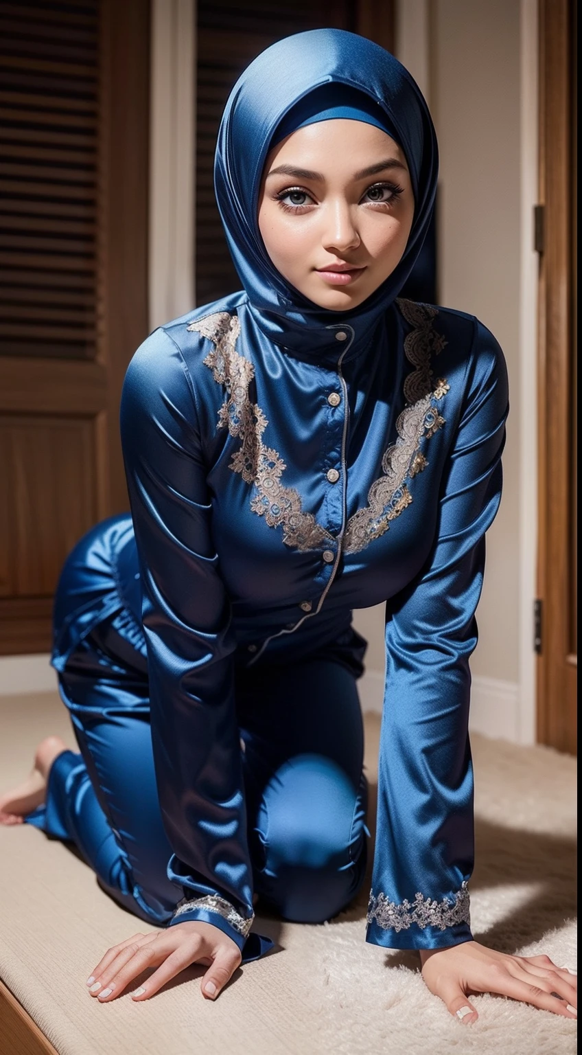 (RAW photo: 1.2), top quality, beautiful detailed neelofa, satin long sleeve pyjamas with long pants, smile, hijab, crawling on all fours, blue pyjamas, highly detailed eyes and face, beautiful detailed eyes, huge file size, high resolution, 8k wallpaper, fine detail, highly detailed ticker uniform 8k wallpaper, light on face, movie lighting, 18 year old girl, sexy pose, (photorealism: 1.4), illustration, Super Detail