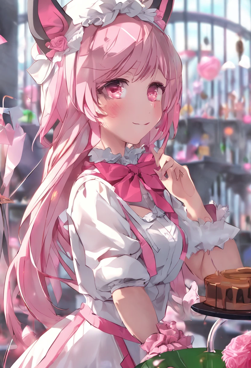 A girl with pink ears, a cat tail, Glasses, Long silver hair, Bell collar, Pink and white maid outfit, and white stockings