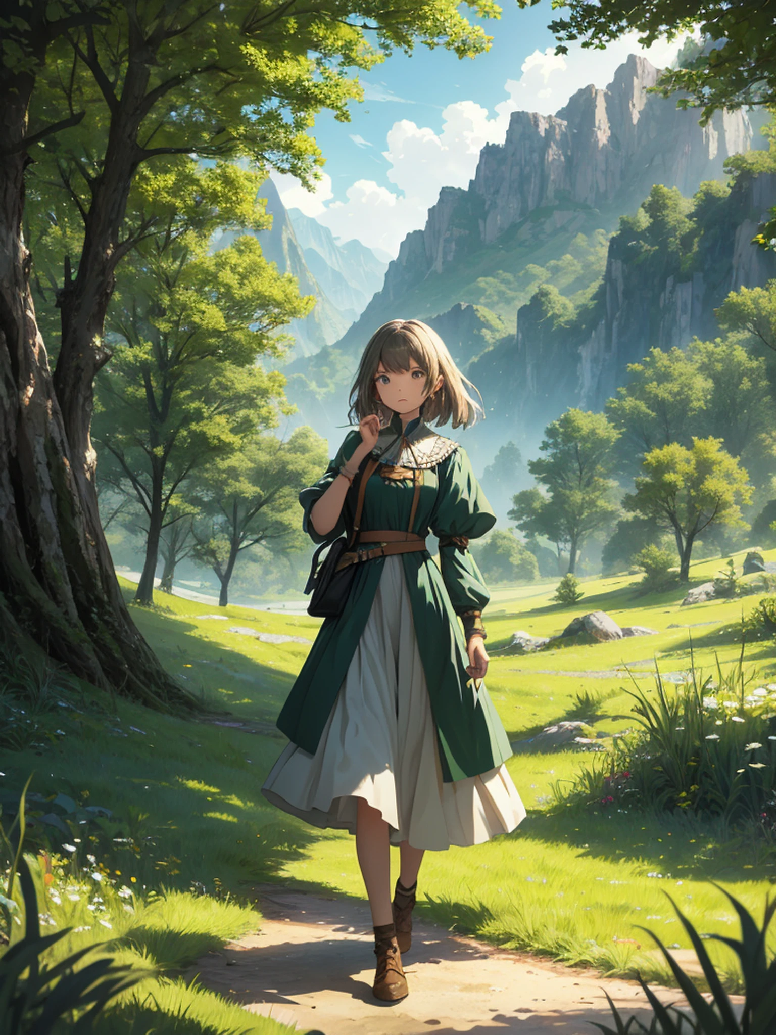 In a green meadow stands a girl leading a group of knights.
BREAK
With a brave expression, she guides them towards their destination.
BREAK
Behind her, a green forest stretches out and beyond that, mountains rise in the distance.
BREAK
The most suitable effect for this scene would be a watercolor painting technique to capture the softness of the meadow and the fluidity of the movement.