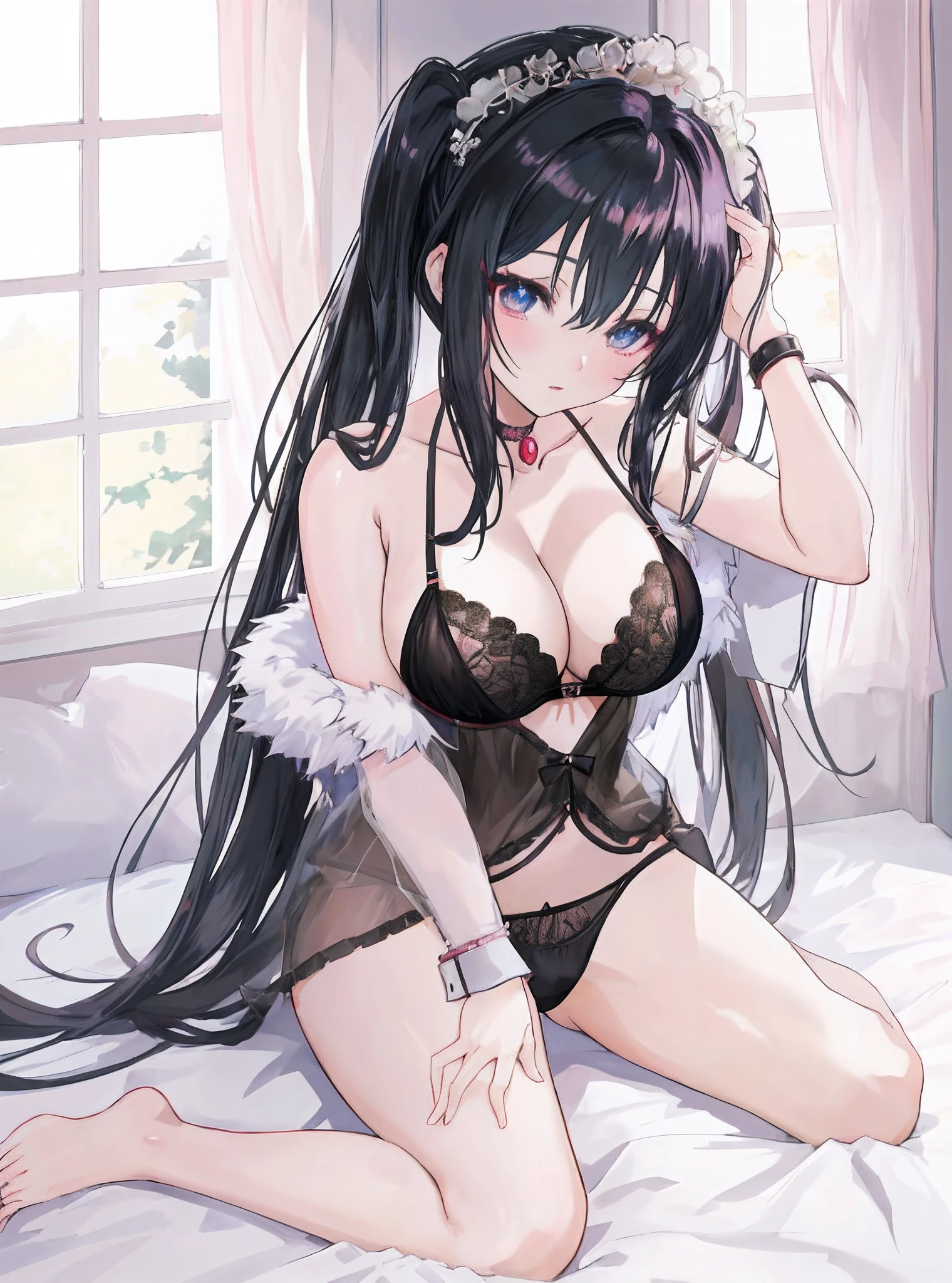 anime girl in black lingerie sitting on bed with white sheets, seductive anime girl, smooth anime cg art, attractive anime girl, anime moe artstyle,  pretty anime girl, anime best girl, beautiful alluring anime , soft anime illustration, (anime girl), an anime girl, ecchi anime style, cleavage