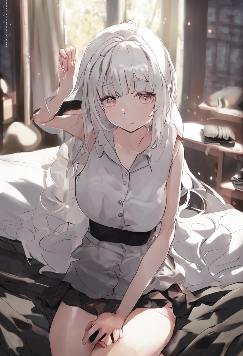 (NSFW:0.9),(tiny girl:1.4), 独奏, full bodyesbian, sitting on, dynamic ungle, white  hair, flat-chest, frilld, brown haired, length hair, natta, starrysky, murky, sleepy, I want to sleep, Animal Ear Food,  covered breast,full of shyness, red blush,Young girl in pajamas, shy expression