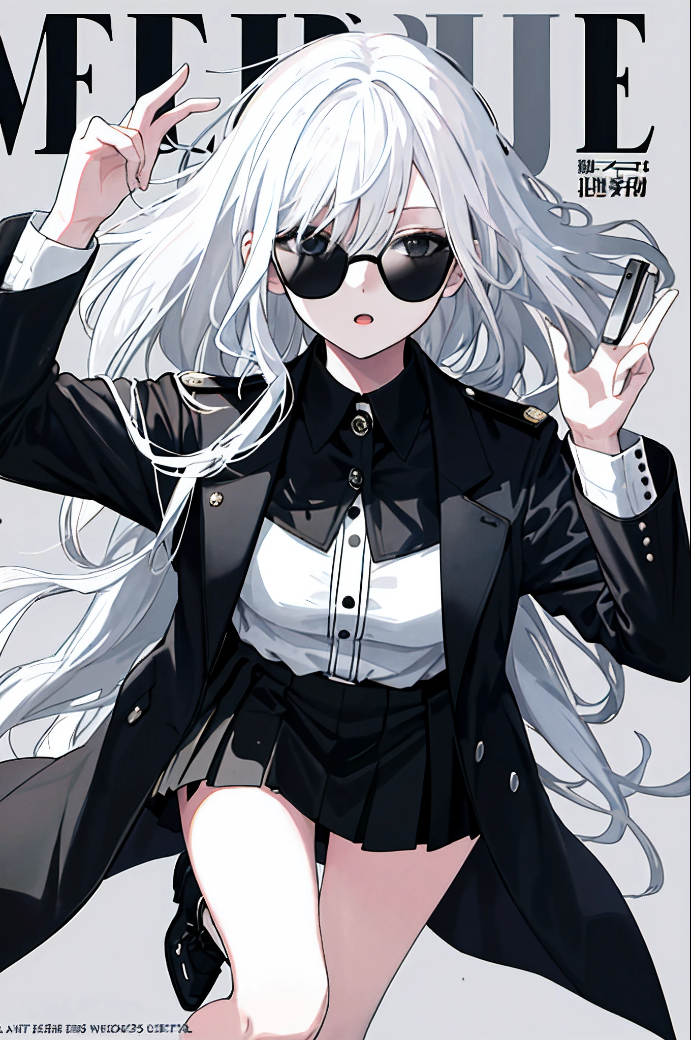 A young woman is centered on confidence,long white hair,Wearing black sunglasses,Wearing a black coat,Wearing a short white skirt,In the center of the lens,MagazineCover
