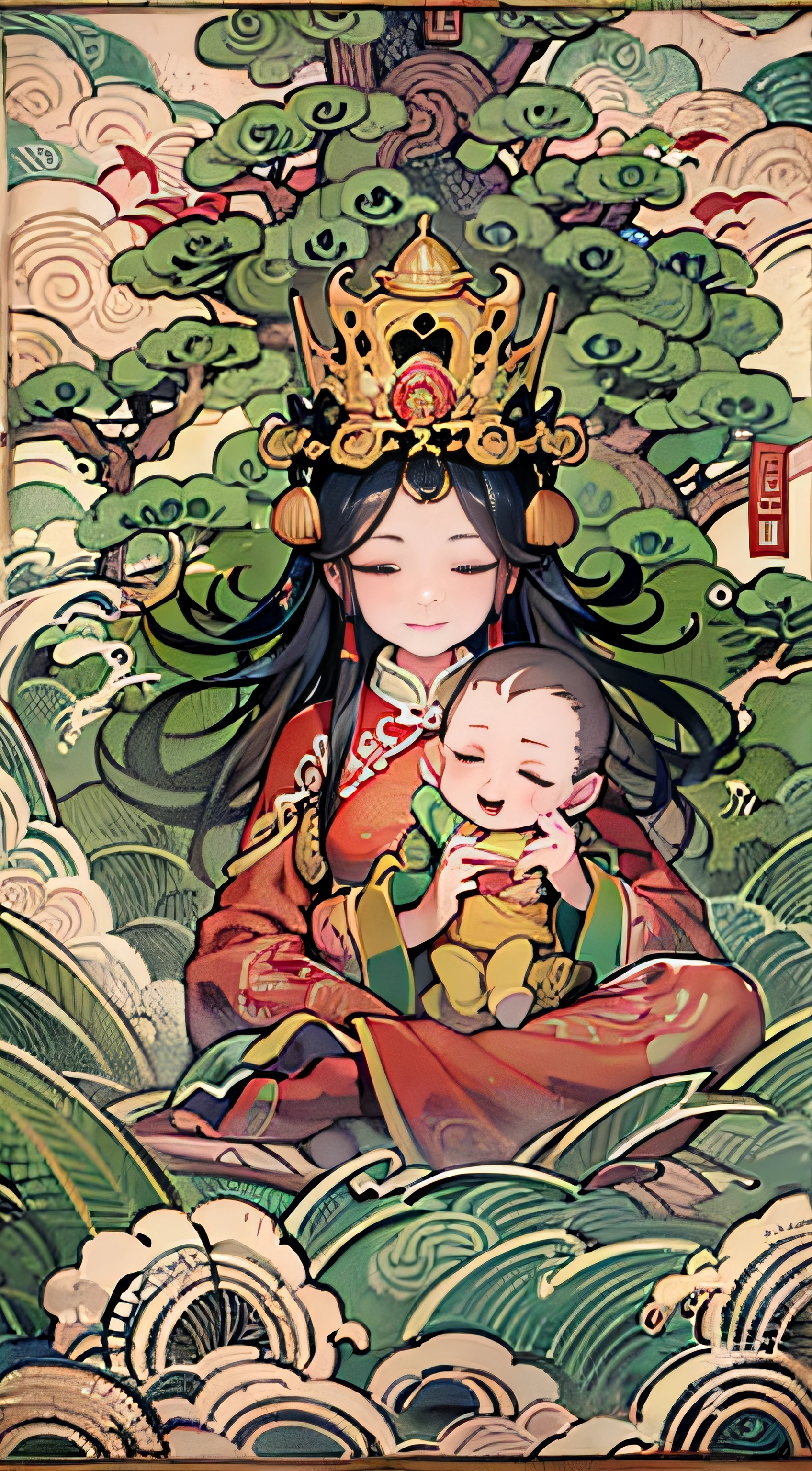 Guanyin Bodhisattva，Female Bodhisattva，The eyebrows are like Satsuki，The eyes resemble double stars，The jade face is naturally joyful，Vermilion's lips were a little red，Sit on a huge lotus leaf，(nsfw: 1.5) (: 1.5), pubic