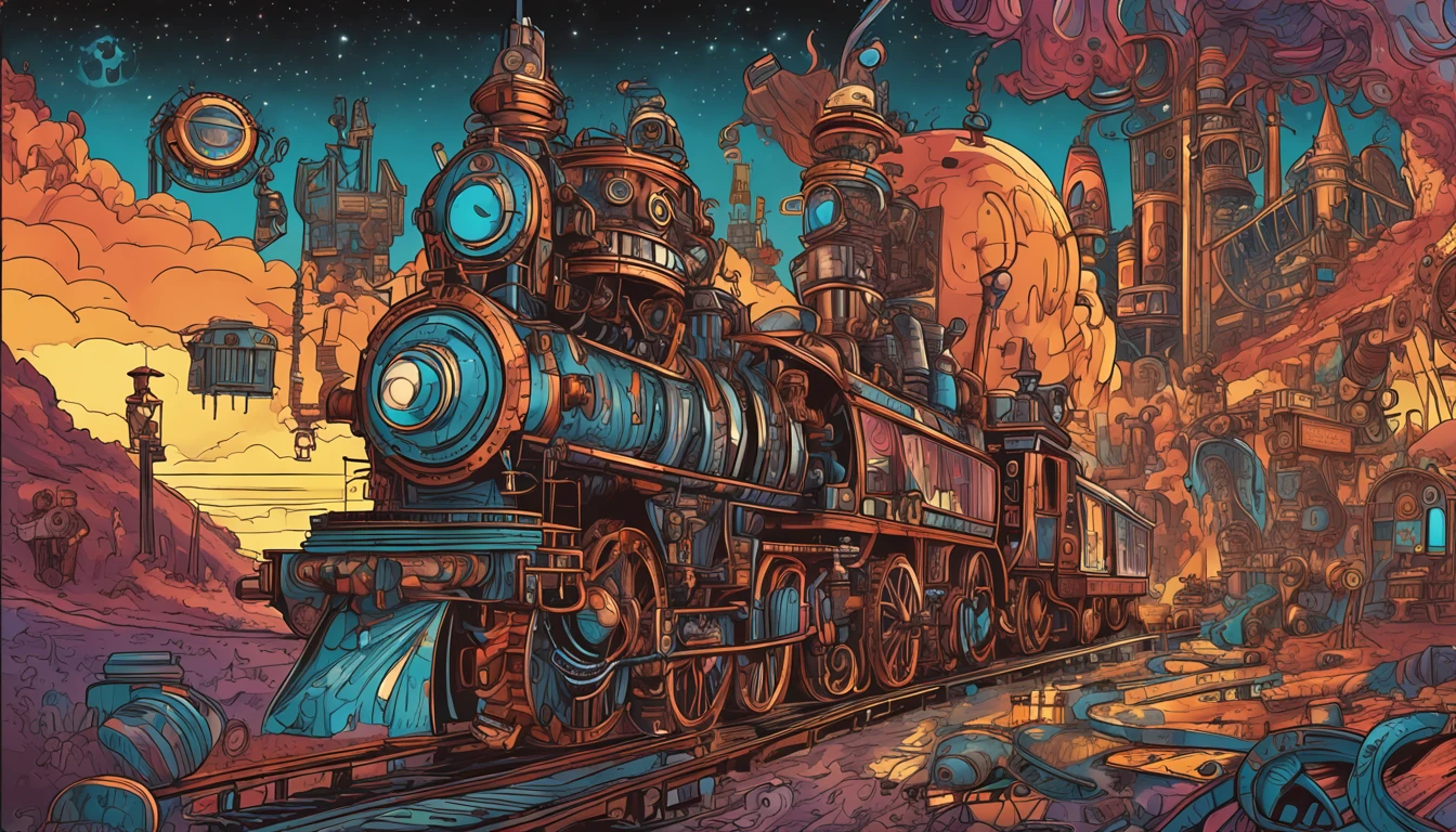 Steampunk pop art，Alchemist in the palace,Master the art of mystery,Young person,Long messy hair,A river of stars,A mysterious flame burning in a furnace,Stable mastery of the furnace fire,steampunc,Cybertron art