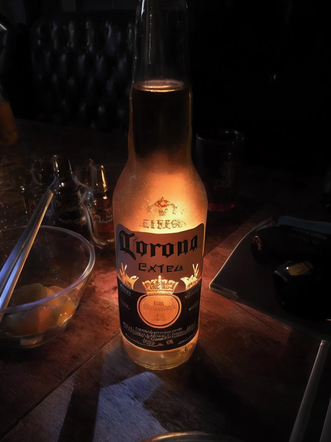 An extra bottle of Alaferd's extra corona beer on the table, corona, corona rendered, corona renderer, beer bottle, Bottle, render corona, drunk, cold beer, 🍸🍋, Lightning in a bottle, drink, author:Adrian Hanneman, salama, author:Tom Wenerstrand, shot on leica, poor lighting, glowing liquid, corona rendered