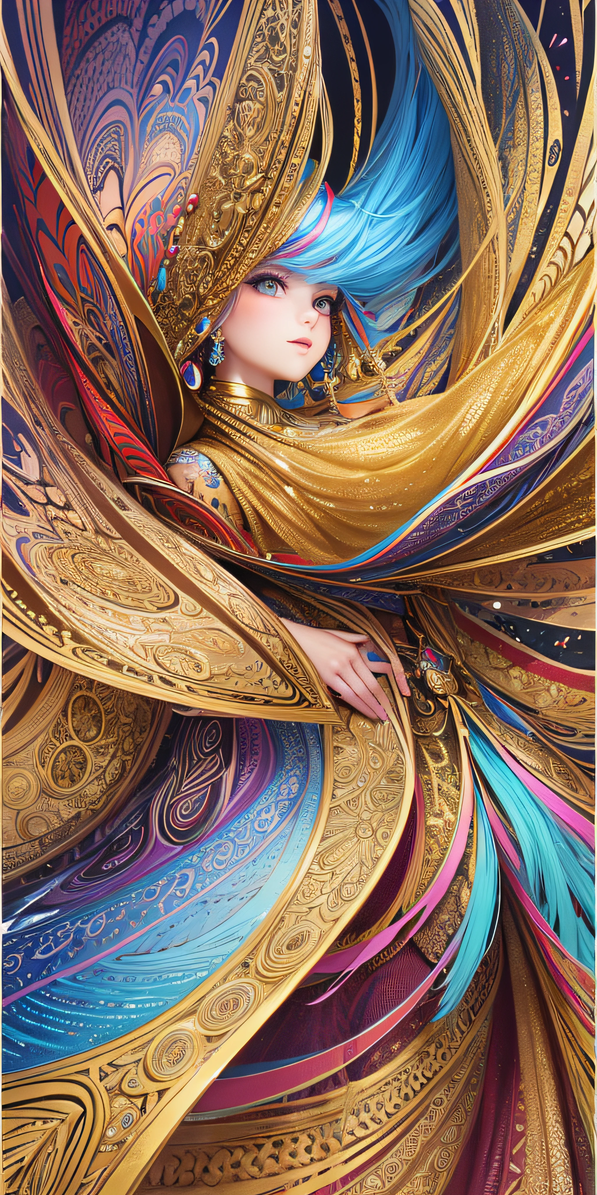 (Masterpiece, Top Quality, Best Quality, Official Art, Beauty and Aesthetics: 1.2), (1girl: 1.3), Very Detailed, (Fractal Art: 1.2), (Colorful: 1.3), Most Detailed, (Zentangle: 1.2), (Dynamic Pose), (Abstract Background: 1.5), (Traditional Clothing: 1.2), (Shiny Skin), (Multiple Colors: 1.4), Upper Body
