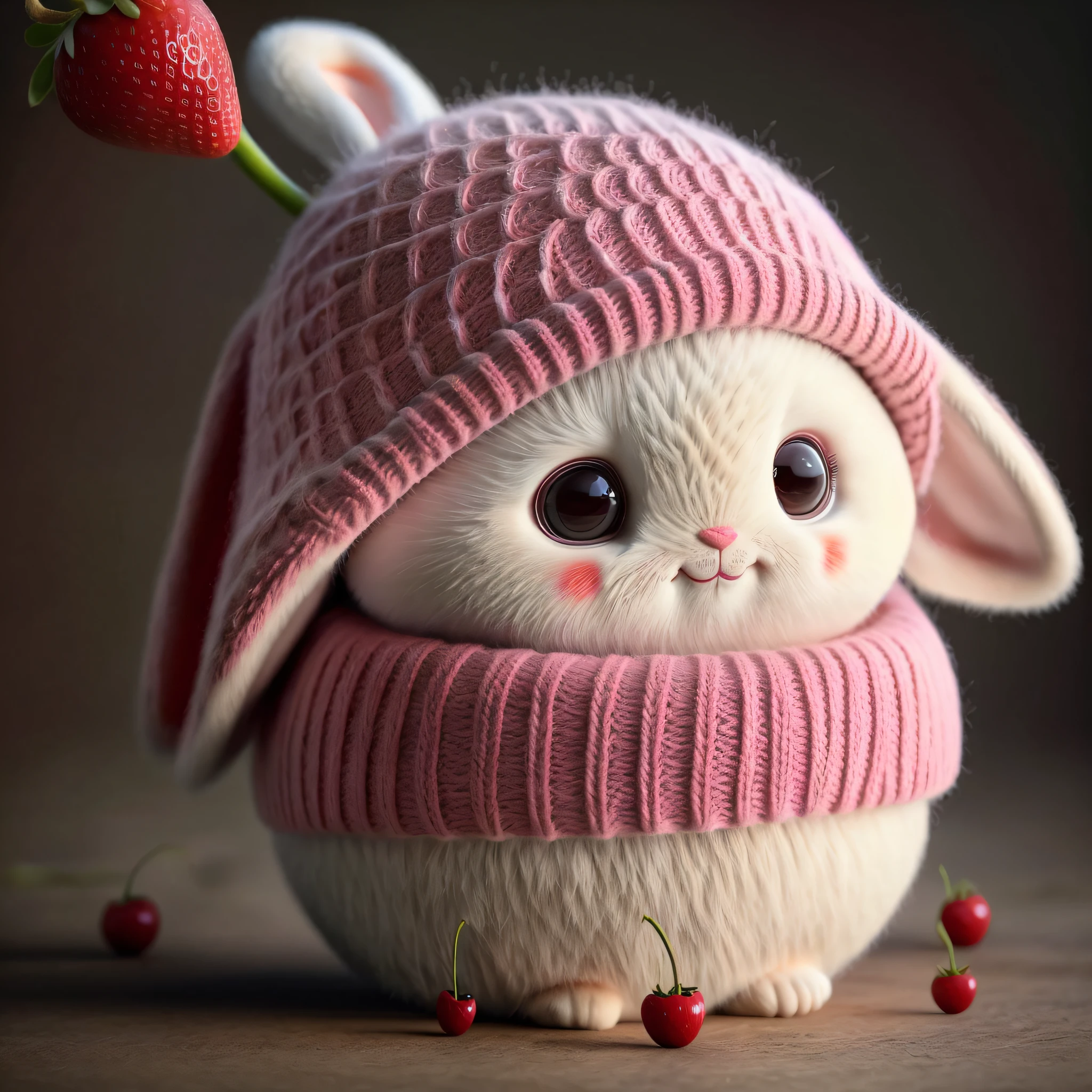 : 3. bunny, realistic, furry animal, apple, black eye, blush, cherry, food, fruit, full body, hat, non-human, strawberry, tomato, watermelon