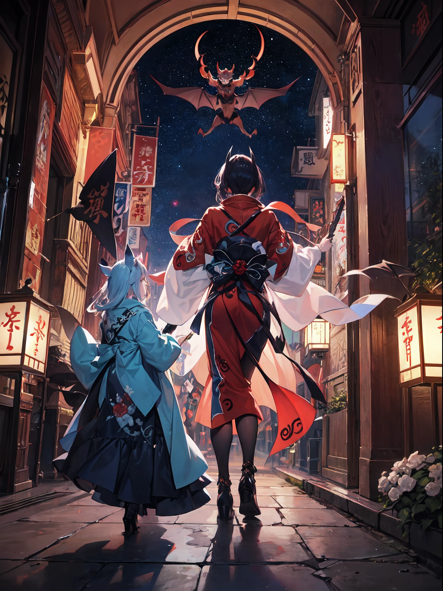 "Night parade of a hundred demons, mesmerizing and eerie, featuring a diverse group of mythical creatures, including youkai, oni, and devils (masterpiece:1.2), (vibrant:1.1), best quality, winning award, High quality, High resolution"