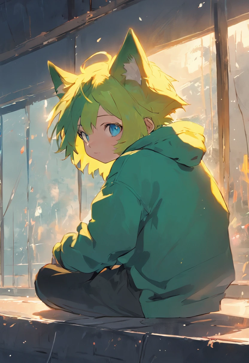 1 boy,Wolf ears,Blue ears,Bright green hair and shiny golden eyes,Wear white cotton socks,Wearing a yellow oversized hoodie and sweatpants sitting on the windowsill, Blushing, Young, Boy, child,l, toddlers, (ack pants:1.4), (Young:1.4), (child:1.4), (Shota:1.4), (Hoodie:1.4),