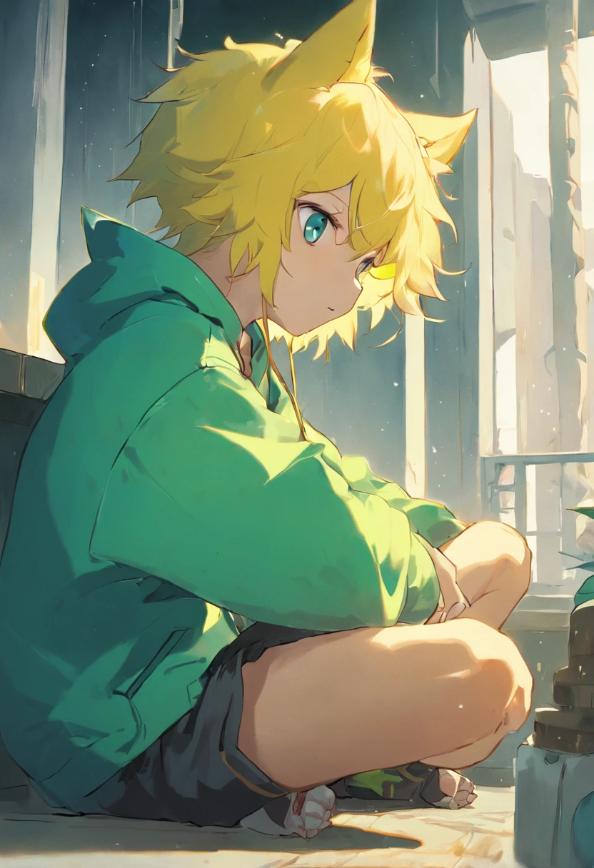 1male, Blonde Hair, Green T-shirt, Messy Hair, Brown Cargo Shorts, Sneakers, Pink Eyes, Tall, Regular Ranker, Young Male