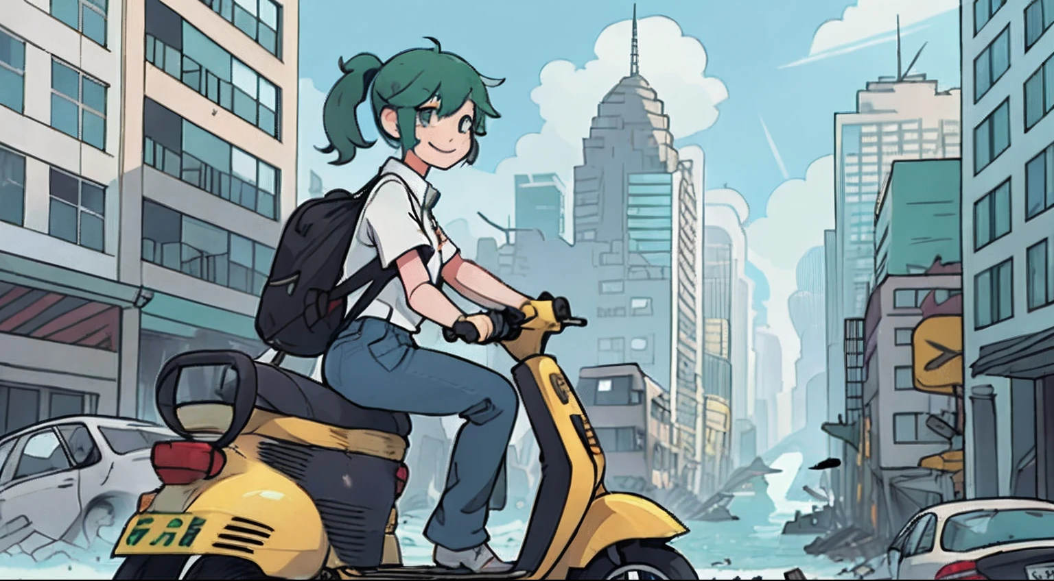 Ruins、Crumbling skyscrapers background、Sea level rise、Girl on a yellow scooter、Seventy-three parts of bangs、Green hair、drooing eyes、Big Ponytail、white  shirt、skinny pants、backpack、A smile、blue-sky、Broken car、Lonely city、rubble、