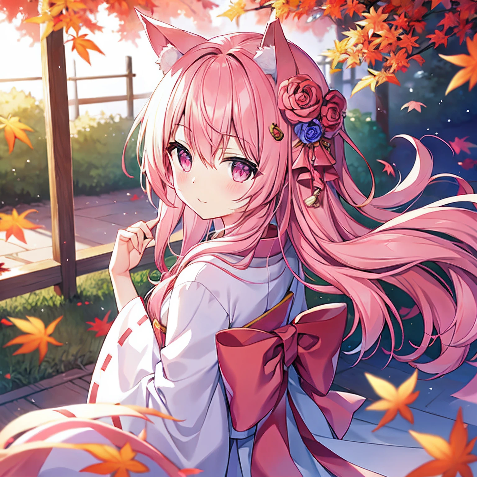 rose hair、pink eyes、pink fox ears,Beautiful girl alone、独奏、Animesk、kimono、autumn, Autumn leaves fall in the background