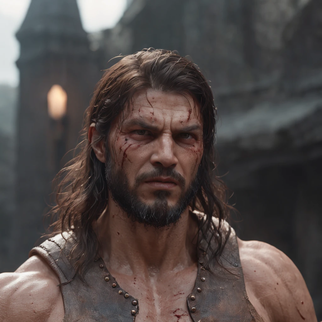 (professional 3d render:1.3) af (Realistic:1.3) most beautiful artwork photo in the world,Features soft and shiny male heroes, ((Epic hero fantasy muscle man rough wet hero angry look long hair short beard and ferocious expression in dynamic pose, Fantastic location, Majestic cluttered environment)), full body 8k unity render, action shot, skin pore, very dark lighting, heavyshading, Detailed, Detailed face, (vibrant, photograph realistic, Realistic, Dramatic, Dark, Sharp focus, 8K), (Old leather garments damaged by weathering:1.4), ((((Wear fur)))), (Intricate:1.4), decadent, (Highly detailed:1.4), Digital painting, rendering by octane, art stations, concept-art, smooth, Sharp focus, illustration, Art germ, (loish:0.23), wlop ilya kuvshinov, and greg rutkowski and alphonse mucha gracias, (Global illumination, Studio light, volumettic light), heavy rain, particles floating, lotr, fantasy, elf, full bodyesbian, ((Dark and ancient city background:1.3)),CGSesociety,art stations