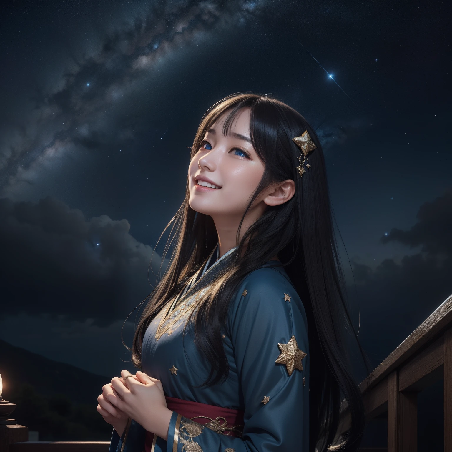 starrysky、Girl Looking at the Stars、look up sky、long、A dark-haired、Blue eyes、Looking at the sky with a smile、Oriental dresses、