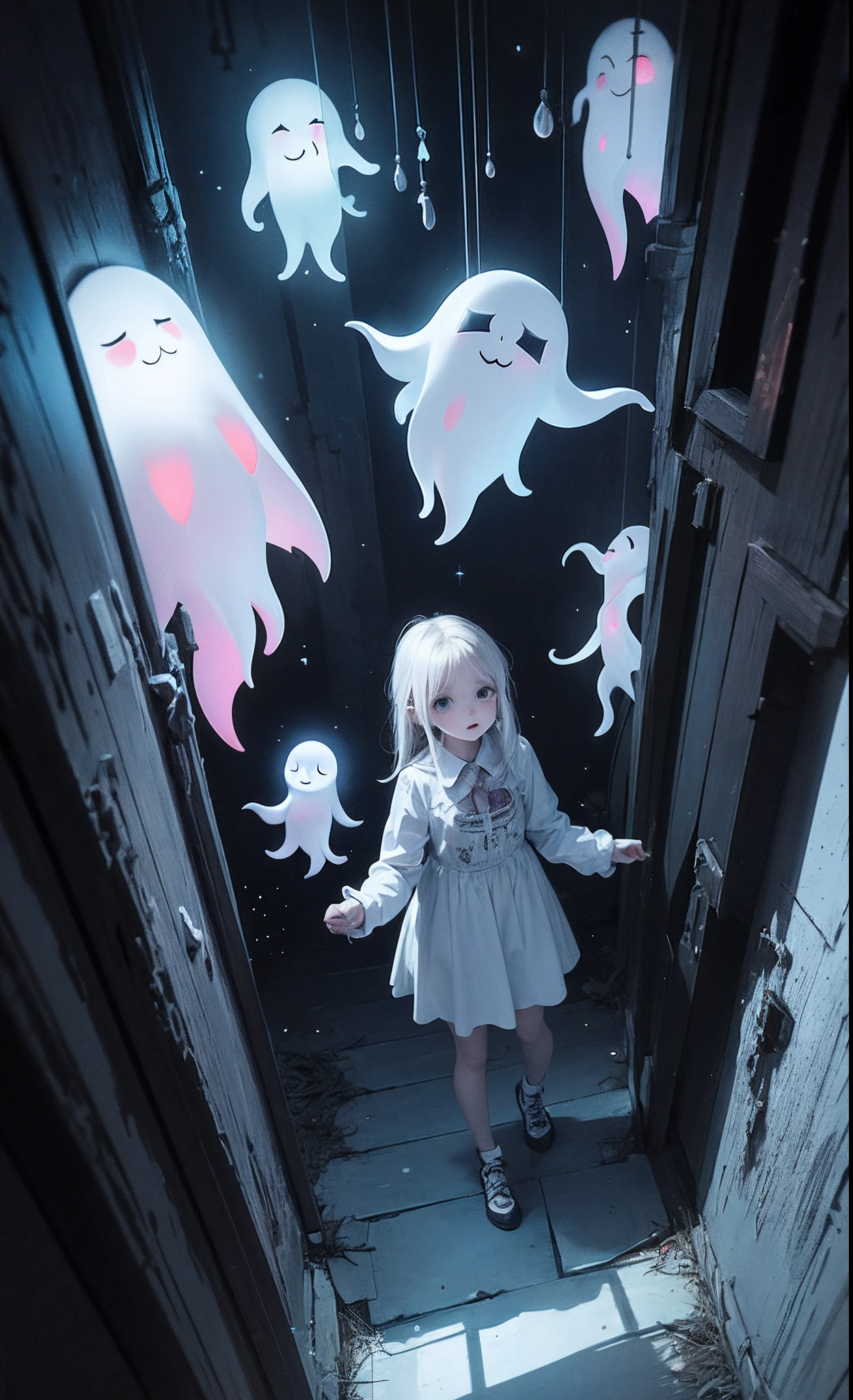 tmasterpiece, beste-Qualit, A girl, exploring a haunted theme park, Haunted by the cute ghosts of Chibi, pretty, Fancy, Glowing, lilt, Stupid, Mystical, Magic, Mysterious, Fun, Fun, Fun