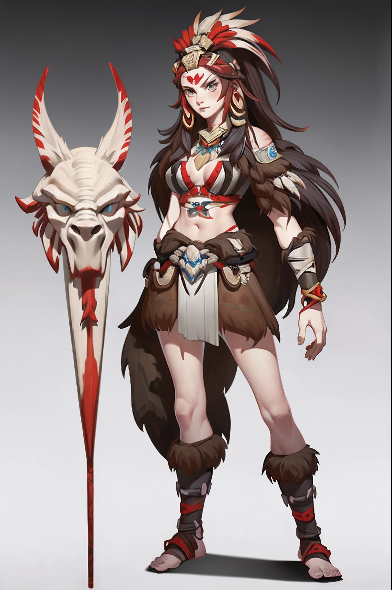1beatiful girl、barbarian warrior、red attire、独奏,full bodyesbian,European and American cartoon design,Primitive tribal elements,standing on your feet,white backgrounid,Magical fantasy design,character concept design,Beautiful face and eyes,tmasterpiece,best qualtiy,Best resolution,high definition detail