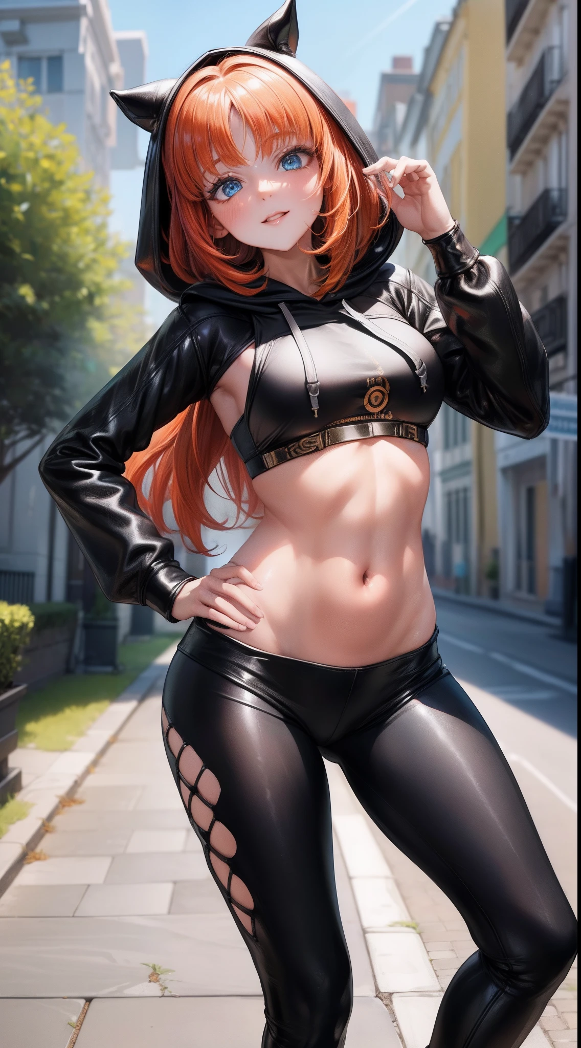 (Niloudef:1.4), 8k, highres, ultra detailed, (masterpiece:1.4), best quality, symmetrical body, (Black cropped hoodie:1.5), (leather leggins:1.5), full body shot, cute, solo, long hair, Orange hair, blue eyes, glow effect, finely eye, detailed face, looking at viewer, smilling at viewer, leaning forward, dominant look, (seductive:1.4), big breasts, sun, rim light, in the city, (sexy pose:1.4)