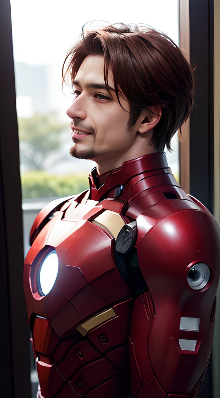 ((Men only)), (cowboy shot), (side view),  (Handsome muscle man in his 20s), (smile), (IRON MAN), (Leon Kennedy), (red hair), (detaile: 1 in 1), Natural muscles, HIG quality, beautidful eyes, (Detailed face and eyes), (Face、: 1 / 2), Noise, Real Photographics、... ..................................................................................................................PSD, Sharp Focus, High resolution 8K, realisitic & Professional Photography, 8K UHD, Soft lighting, High quality, Film grain, FujifilmXT3
