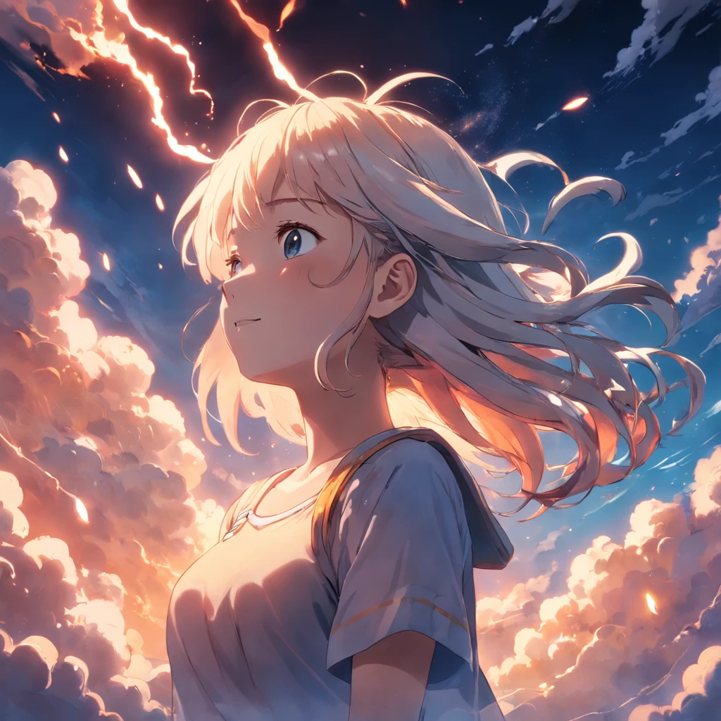 masterpiece, best quality, movie still, 1girl, cloud girl, floating in the sky, close-up, bright, happy, warm soft lighting, sunset, (sparks:0.7)