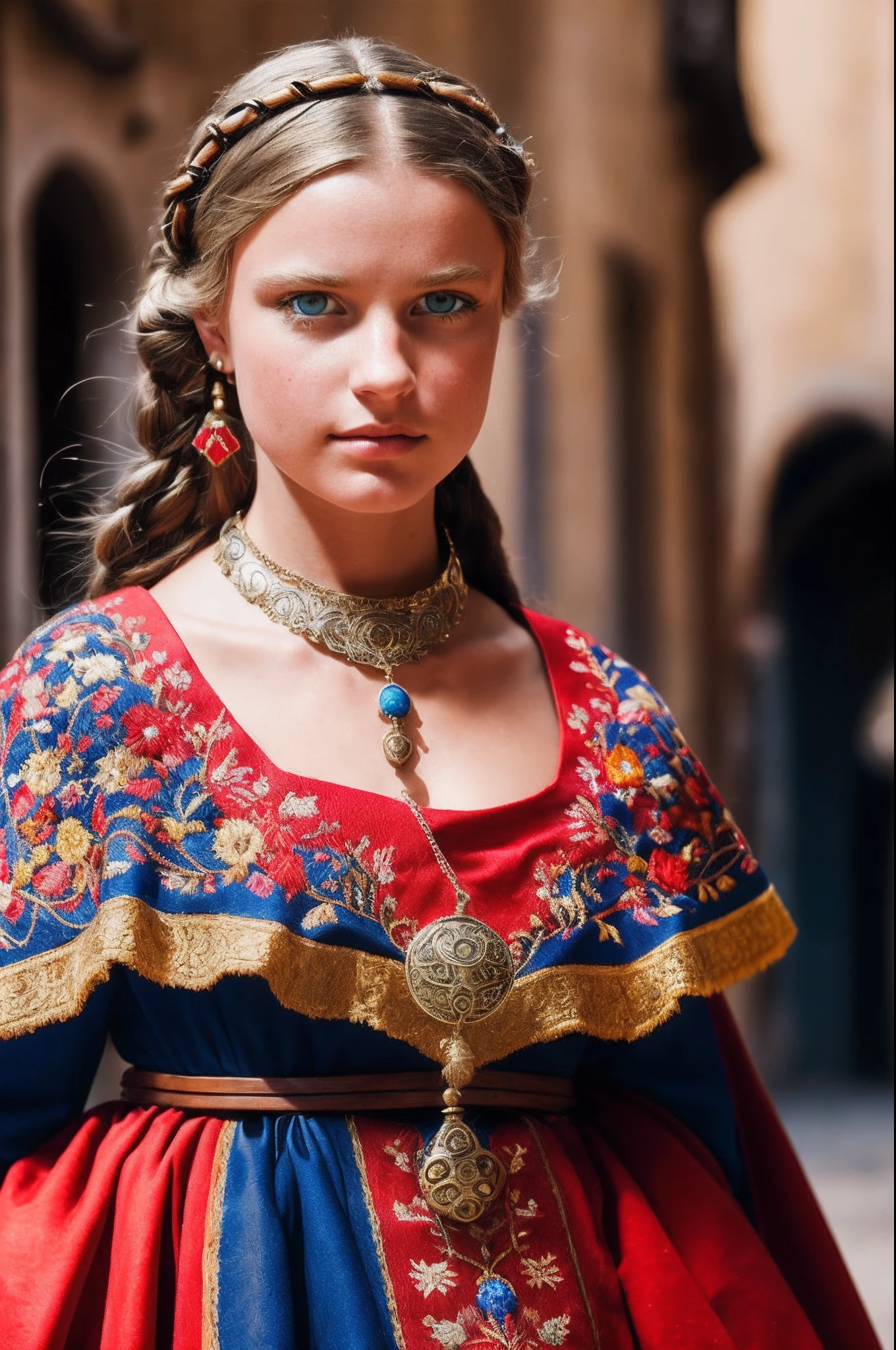 highly detailed analog photo of a medieval merchant, 1girl, long hair, ((looking at viewer)), ((blue eyes)), blonde hair, ((jewelry)), solo focus, ((necklace)), blurry, horseback riding, horse, ((embroidered dress)), ((leather collar)), lips, crowd, ((bracelet)), collarbone, mole under mouth, cape, red dress, blurry background, (realistic:1.3), (medieval street:1.2) masterpiece, best quality, 8k, motion blur, intricate details, depth of field, (analogue photography:1.1), (shadow play:1.4),