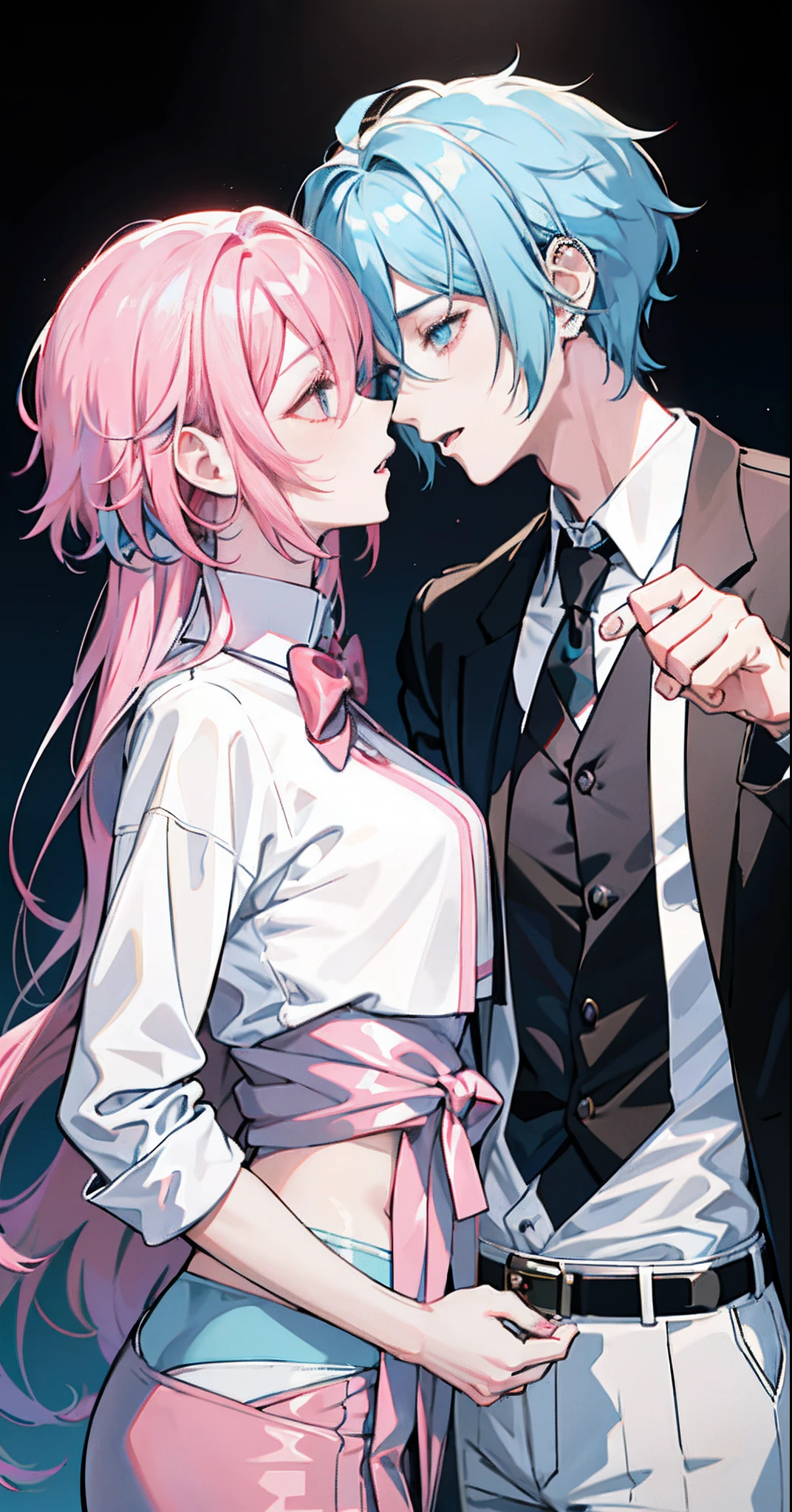 Male and female couples, Idol Photos, Photos of actors, Professional Photos, Height difference, Happiness, youthfulness, lovey-dovey, extra detailed face, detailed punk hair, very detailed character, inspired by Sim Sa-jeong, single realistic face, Cai Xukun's, detailed realistic faces, highly detailed realistic face, high detailed face anime, realistic detailed face, Accurate detailed face, attractive androgynous humanoid, Black Casual Idol Costume, ((Man with light blue hair)), ((Woman with pink hair)), ((Woman with long hair below waist)), ((Man with short hair over ears)), ((Pink hair woman with gentle expression)), ((Man with light blue hair with wild expression)), high-level image quality, ​masterpiece, Photographed so that the whole body can be seen, Photographed to make clothes look beautiful, Take your eyes off, ((two individuals))
