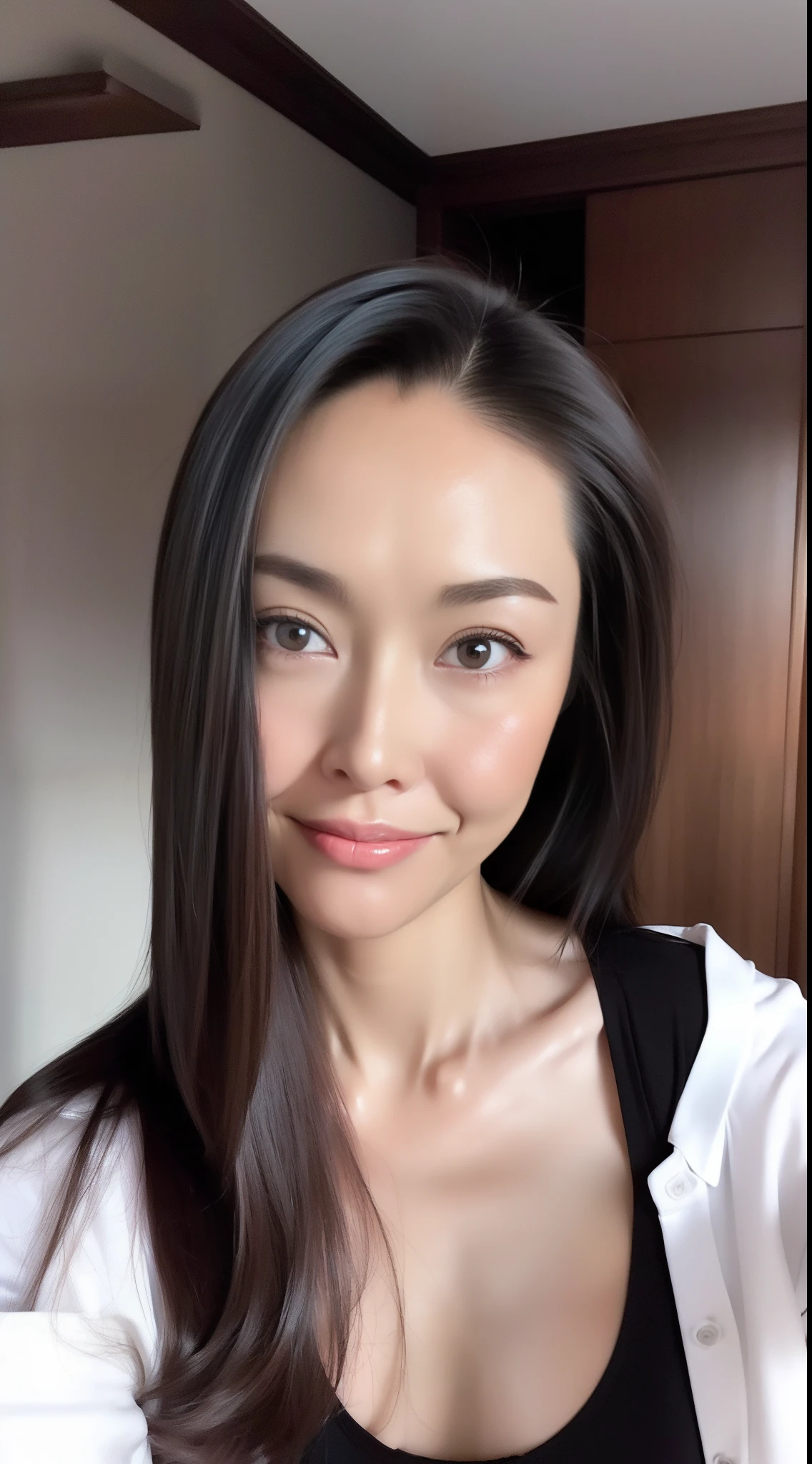 (1 woman:1.1)、Beautiful Japan adult woman、((best qualtiy, 8K, tmasterpiece:1.3))、((realisitic:1.5))、((sense of reality:1.5))、Perfect litthing、Perfect figure beautiful woman:1.4、((Layered Hair Style、ample breasts:1.2))、(Long black shirt:1.2)、(Street:1.2)、Highly detailed facial and skin texture、glowy skin、A detailed eye、二重まぶた、(The front of the shirt is open:1.1)、(breast cleavage exposed:1.1)、(small areolas:1.3)、(Small beautiful :1.3)、see the beholder、Upshot、