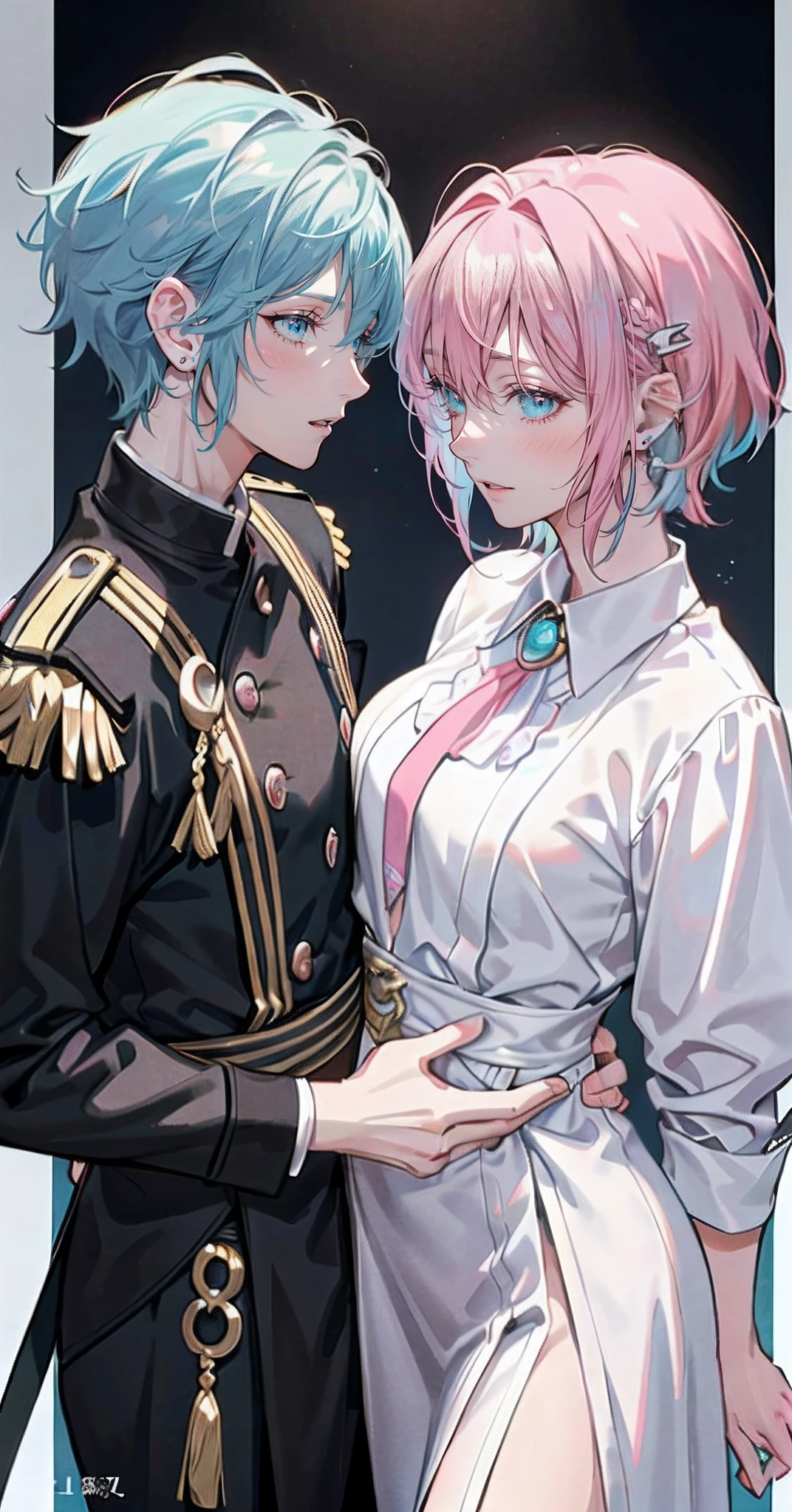 Male and female couples, Idol Photos, Photos of actors, Professional Photos, Height difference, extra detailed face, detailed punk hair, very detailed character, inspired by Sim Sa-jeong, single realistic face, Cai Xukun's, detailed realistic faces, highly detailed realistic face, high detailed face anime, realistic detailed face, Accurate detailed face, attractive androgynous humanoid, Black Casual Idol Costume, ((Man with light blue hair)), ((Woman with pink hair)), ((Woman with long hair below waist)), ((Man with short hair over ears)), ((Pink hair woman with gentle expression)), ((Man with light blue hair with wild expression)), high-level image quality, masterpiece, Photographed so that the whole body can be seen, Photographed to make clothes look beautiful, Take your eyes off, ((two individuals))
