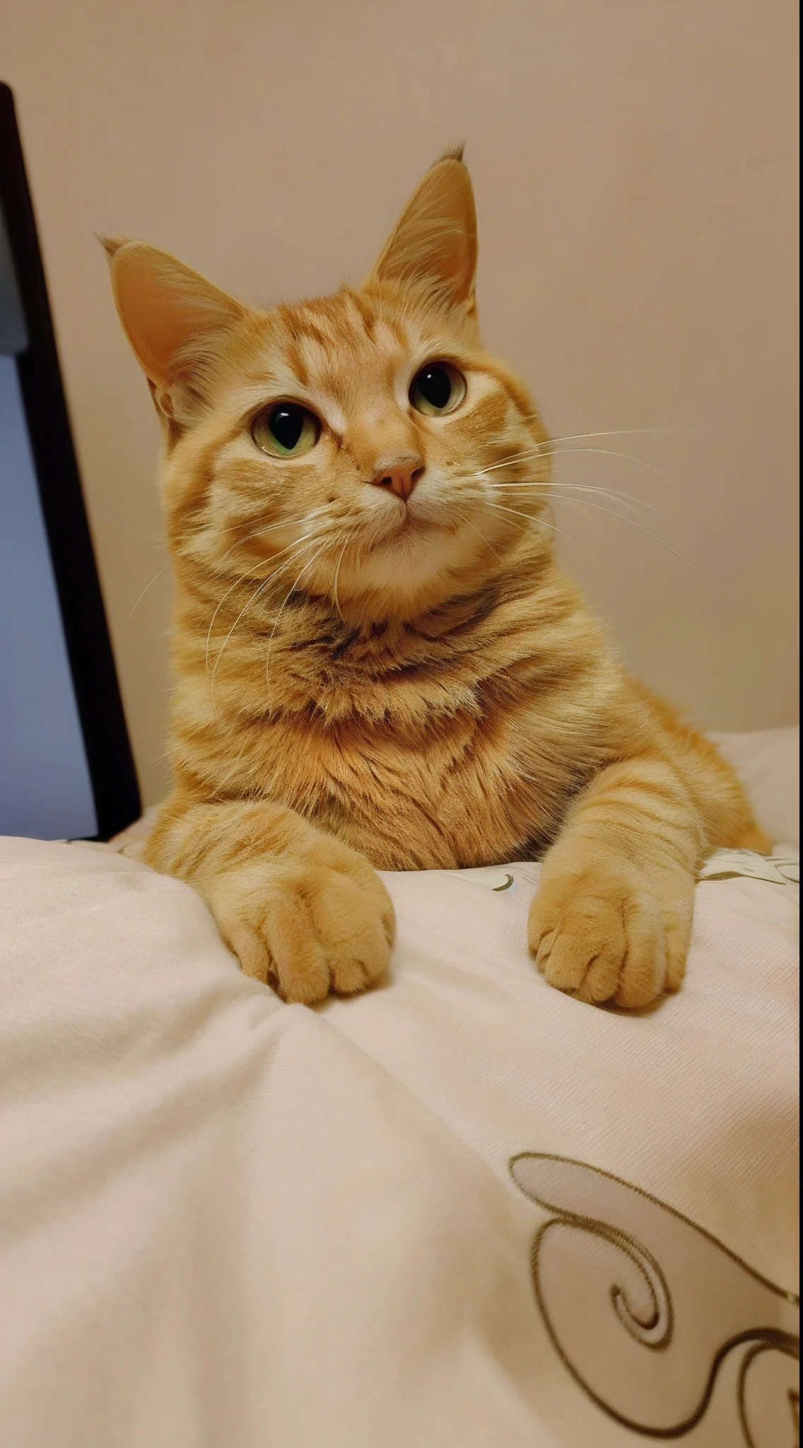 there is a cat that is laying down on a bed,There is a laptop, cute furry needs your help, ginger cat, showing his paws to viewer, awesome cat, A cute cat, garfield the cat, An orange cat, ginger cat in mid action, lovingly looking at camera, Orange cat, holding paws, Cute cat, Sitting on the bed