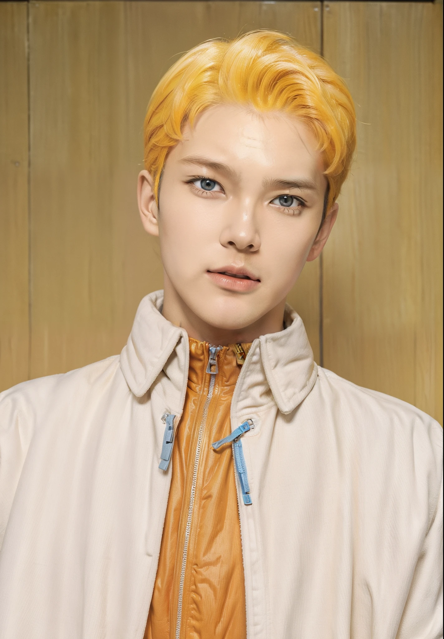Real life adaption of this character,realistic detail same yellow Messy bangs Hair ,wearing realistic orange sport jacket with Zipper and wearing realistic white thin cloak with collar,((handsome Korean teen face)),hyper realistic,realism,realistic light,realistic shadow,(photorealistic:1.2),blue eyes