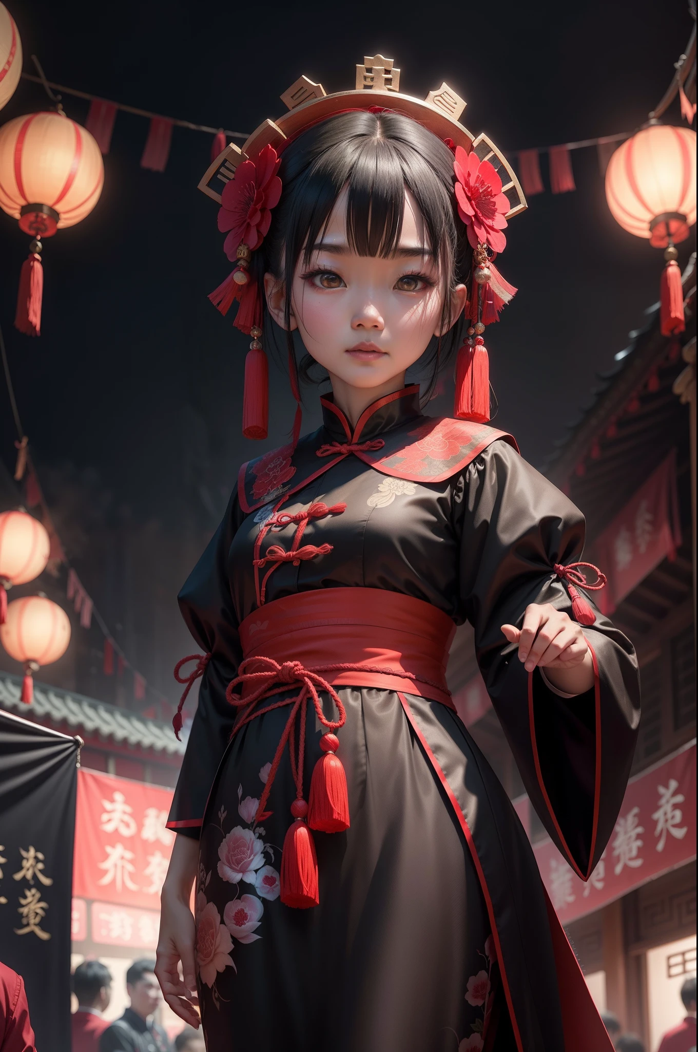 A fantastic view of Chinatown,赤い提灯の温かいLight,Modern and historic,Fantastic and dreamy landscape,Light,There is a woman in Chinese clothing in the landscape.,She is charming and beautiful、It's like a symbol of Shanghai at night.,Realistic skin texture,Photorealistic,BREAK,Gorgeously embroidered Chinese clothing,A masterpiece created by designers,The best configuration,Light and Dark,BREAK,,(masterpiece:1.3),(highest quality:1.4),(ultra detailed:1.5),High resolution,extremely detailed,unity 8k wallpaper,Intricate details,Wide range of colors,artwork,rendering,(masterpiece:1.3),(highest quality:1.4),(Super detailed:1.5),High resolution,Very detailed,unity 8k wallpaper,Draw artistic background,Absurd beauty,Zentangle,A fantastic and beautiful night in Chinatown
