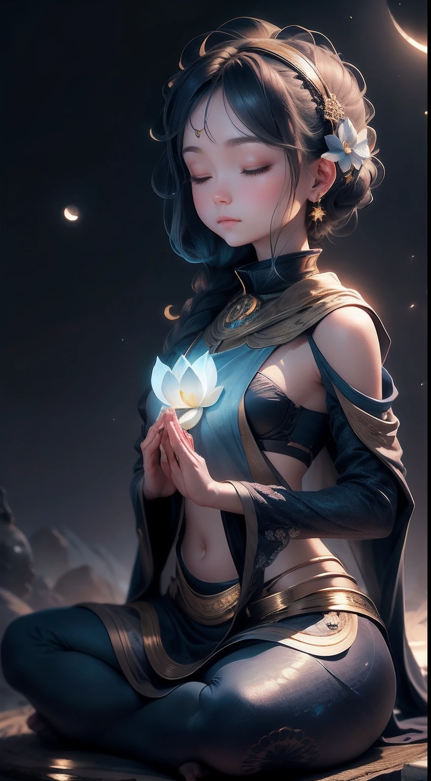 Digital painting portrait of a person with eyes closed, Head up towards the glowing full moon. The moonlight casts a tranquil blue color onto the calm face of the person, Highlight their inner stillness and Zen expression. Stars twinkle softly in the background night sky. The surrounding scenery is quiet, The lake reflects the moonlight,People nearby sit quietly in a lotus pose. Their hands are on their knees, The face depicts a deep sense of meditation and calm. The overall mood of the image is soothing, Glow and centered, Like the inner peace of the subject radiating outward under the moonlight of meditation. Style atmospheric, Elegant and soothing.
