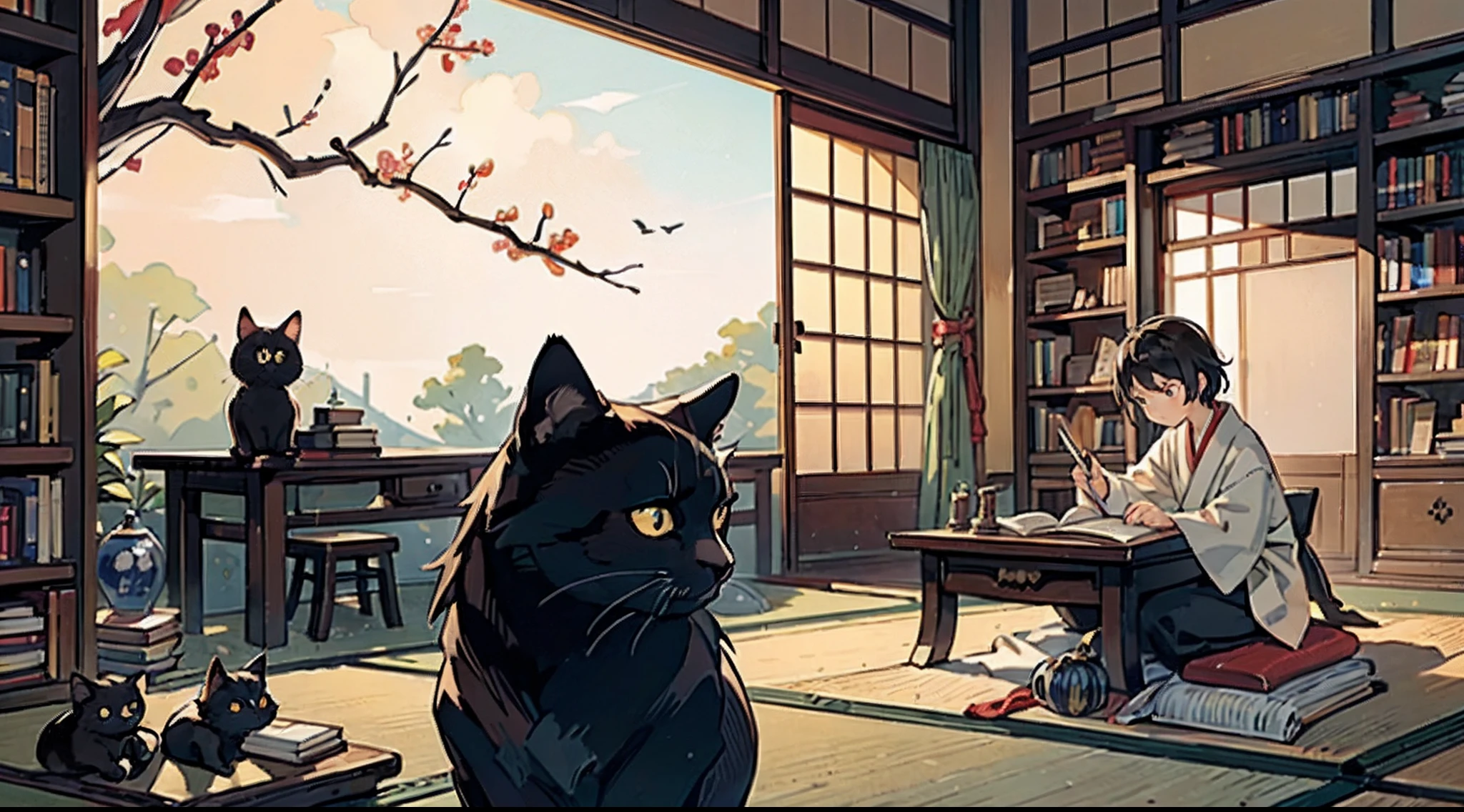 #Quality (intricate-detail、ultra-detailliert:1.2,Masterpiece,cinematic shot),
#night sky (darkness of night,no light),
#one writing boy (16 male、writer,Honor Students、A dark-haired、short-hair、hakama,sit flat),
#black room at night (no light,black cat,books on desk,one candle,pretty tatami,a lot of books,bookshelf)
