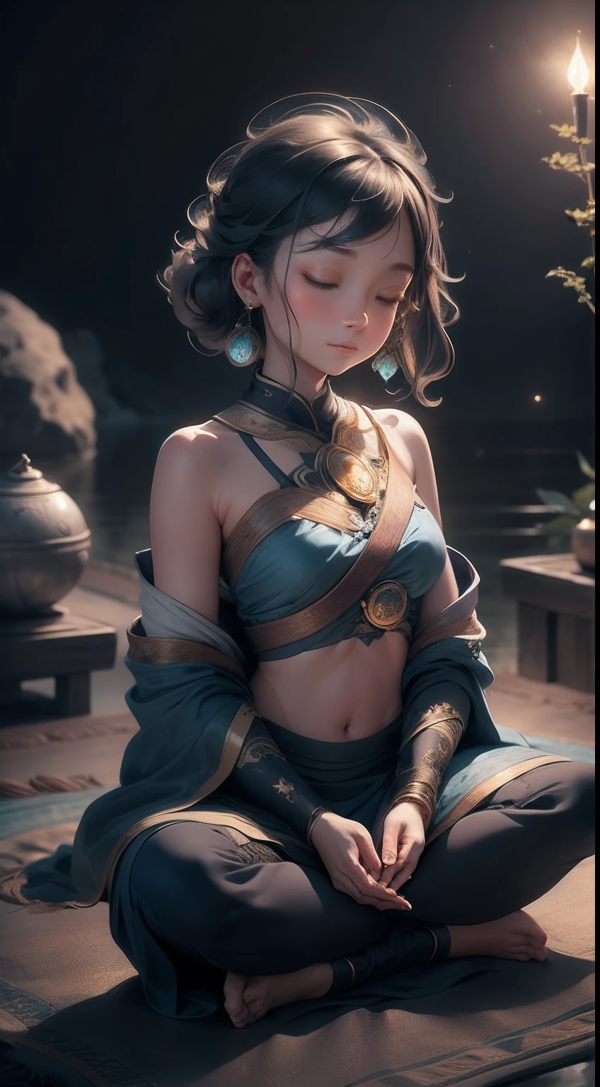 Digital painting portrait of a person with eyes closed, Head up towards the glowing full moon. The moonlight casts a tranquil blue color onto the calm face of the person, Highlight their inner stillness and Zen expression. Stars twinkle softly in the background night sky. The surrounding scenery is quiet, The lake reflects the moonlight,People nearby sit quietly in a lotus pose. Their hands are on their knees, The face depicts a deep sense of meditation and calm. The overall mood of the image is soothing, Glow and centered, Like the inner peace of the subject radiating outward under the moonlight of meditation. Style atmospheric, Elegant and soothing.