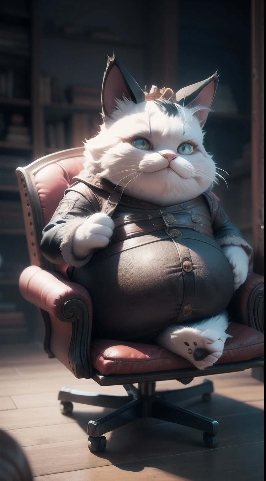 Old fat rogue Tom cat in a leather armchair, 3D video rendering, pixar character