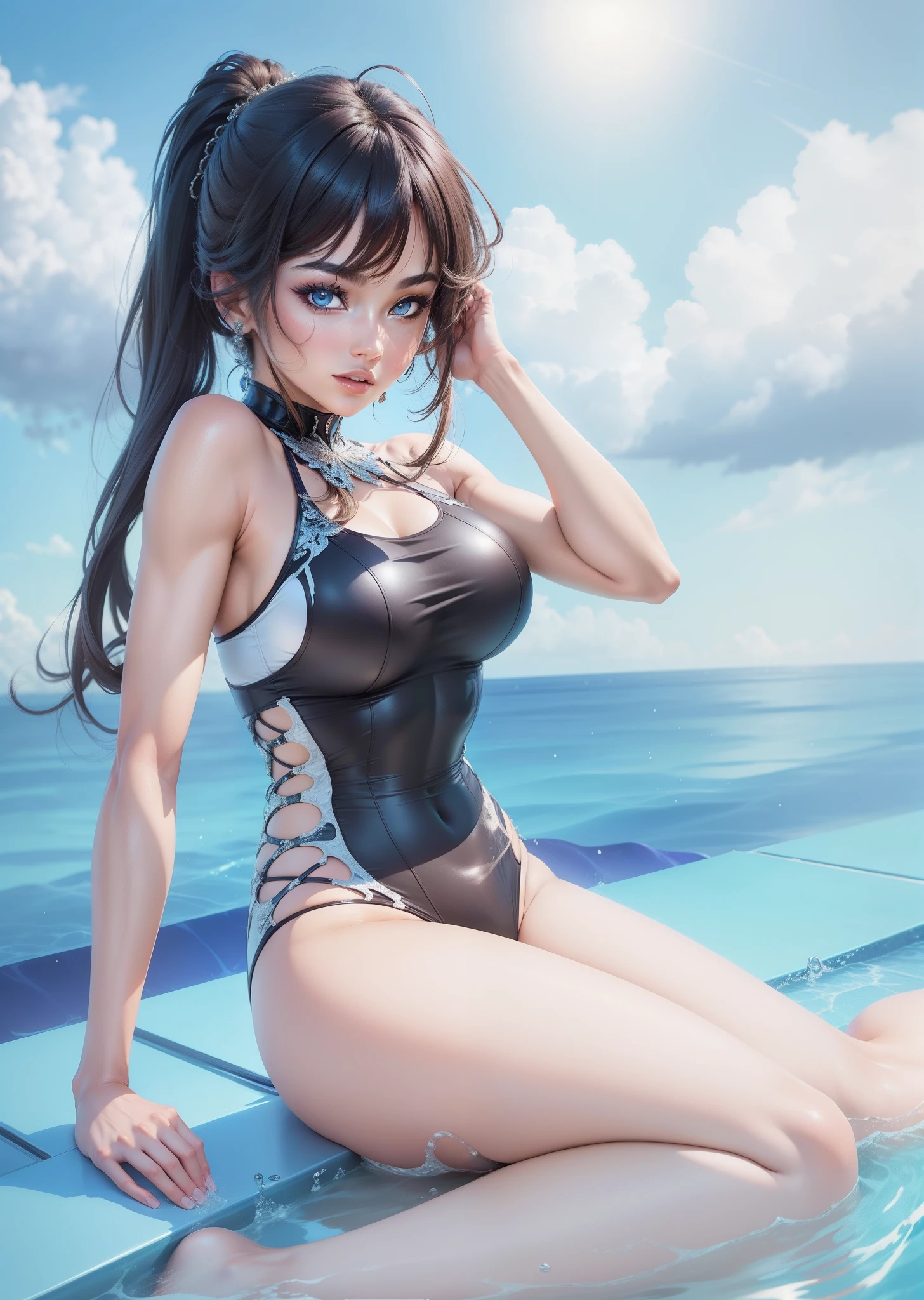 "Gorgeous woman with exquisite features, mesmerizing eyes, intricate hairstyle, stunning physique, alluring curves, vibrant swimsuit, dynamic pose, high resolution, lifelike realism, glistening skin."