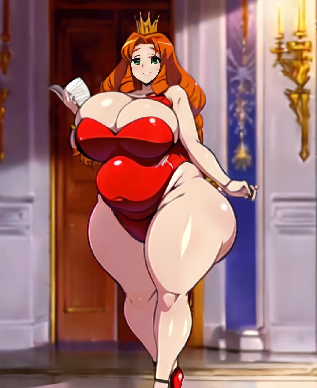 best quality, masterpiece, solo, (( Tall ,Feminine))anime Male in red Dress with crown,( Red corset, Skirt trail), wearing an ornate outfit, anime princess, in a fancy elaborate dress, ((Long Orange Hair:1.4)), ((hair styled in curls:1.3)),((Green eyes)),(inflatable),((Wide Hips)) ,(Large  round belly)),((Huge butt)),((Thick Thighs )),(((Huge breasts ))),((Plump)),Background(castle)), expression ( Smug, Smiling , haughty)