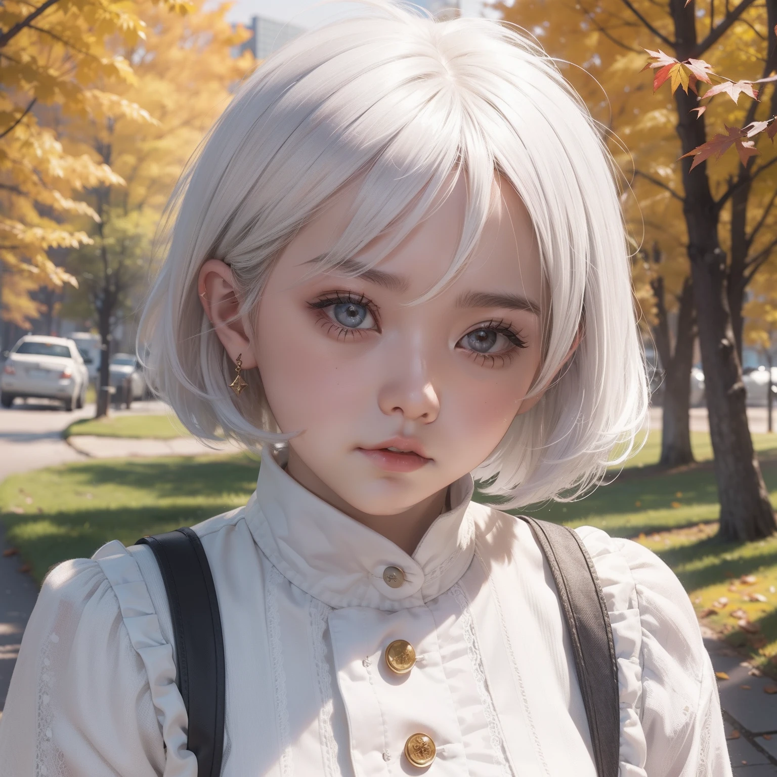 Little fat girl、white hair、short-haired、Grumpy face、Autumn scenery、Hair illuminated by the sun、