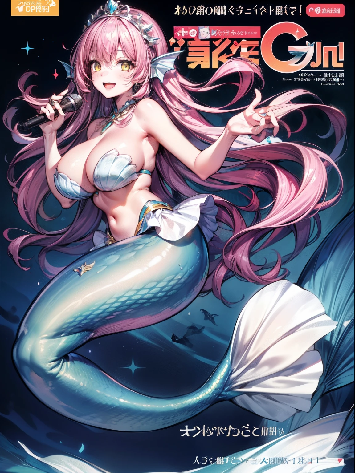 1girl,solo,(mermaid:::1.2), mermaid tail,scales,pink hairs,long hairs, yellow eyes,large breasts,shell,smile,open mouth, underrwater,tiara,mic inn hand, magazine cover,