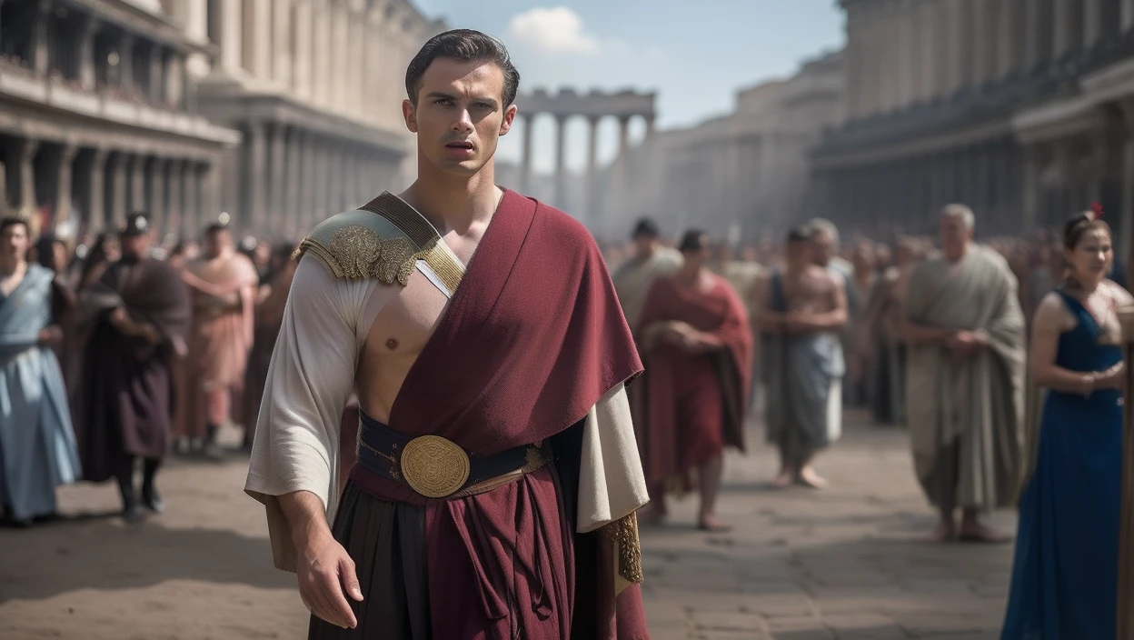 a man in a blue robe standing in a crowd of people, vestidos com roupas gregas, Homem grego antigo, 8 k filme ainda, filme ainda 8K, Lucas Evans, Julius Caesar, caesar victorious, vestido com armadura grega, history drama, Mocking the Roman legionary, Imperador Romano, inspirado em Roman Bezpalkiv, inspirado em Pogus Caesar