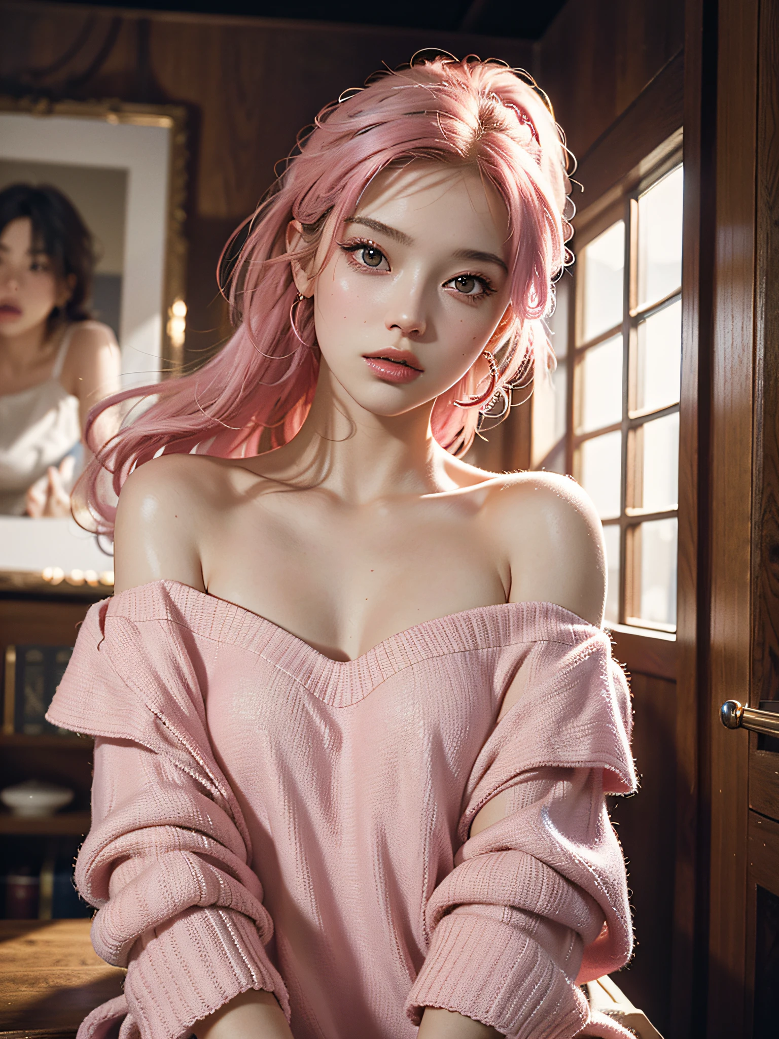 Best Quality, Masterpiece, Ultra High Resolution, (Realisticity: 1.4), Original Photo, 1girl, Pink Off-the-Shoulder, Cinematic Lighting